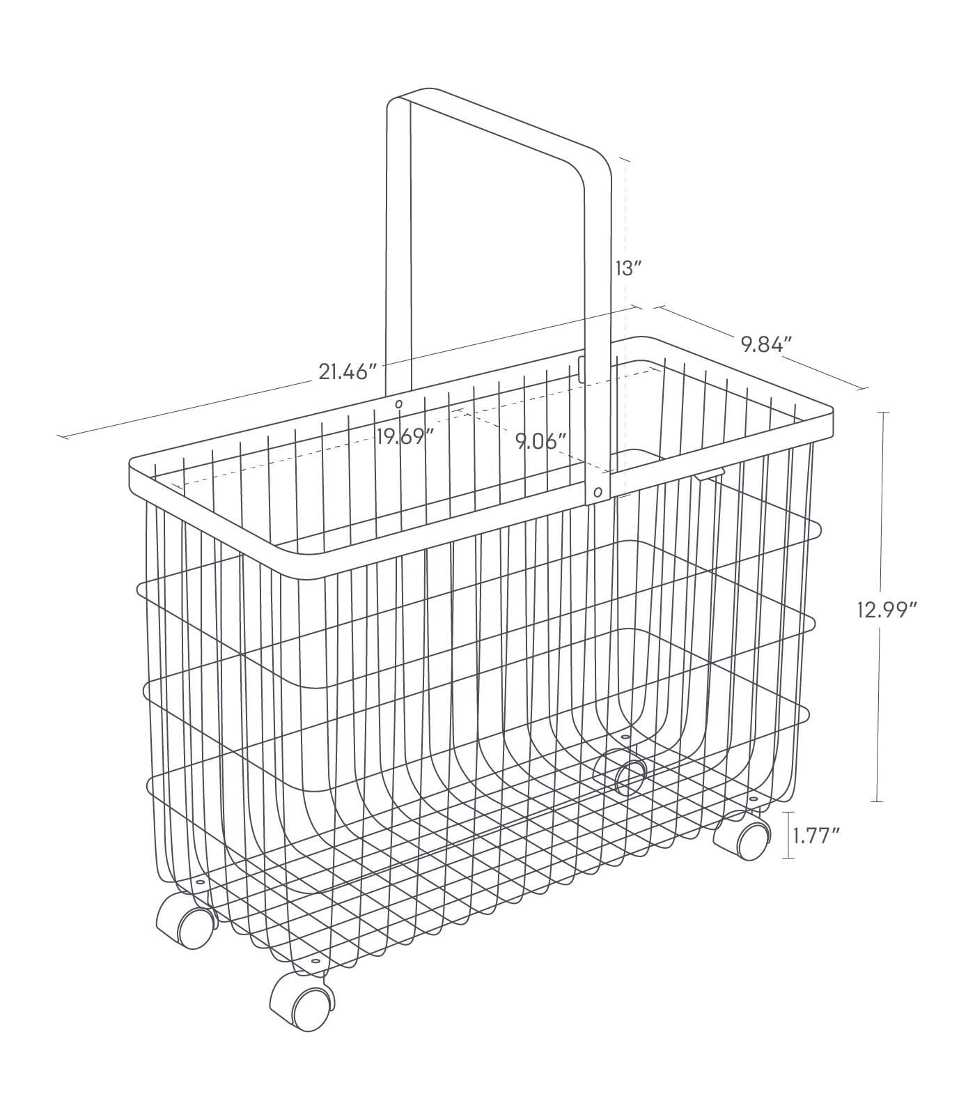 TOWER Rolling Wire Basket. Total product height 14.8 inches. Outer basket length 21.46 inches, height 12.99 inches, width 9.84 inches. Inner basket length 19.69 inches, 9.06 inches wide. Casters 1.77 inches tall. Handle 13 inches tall.