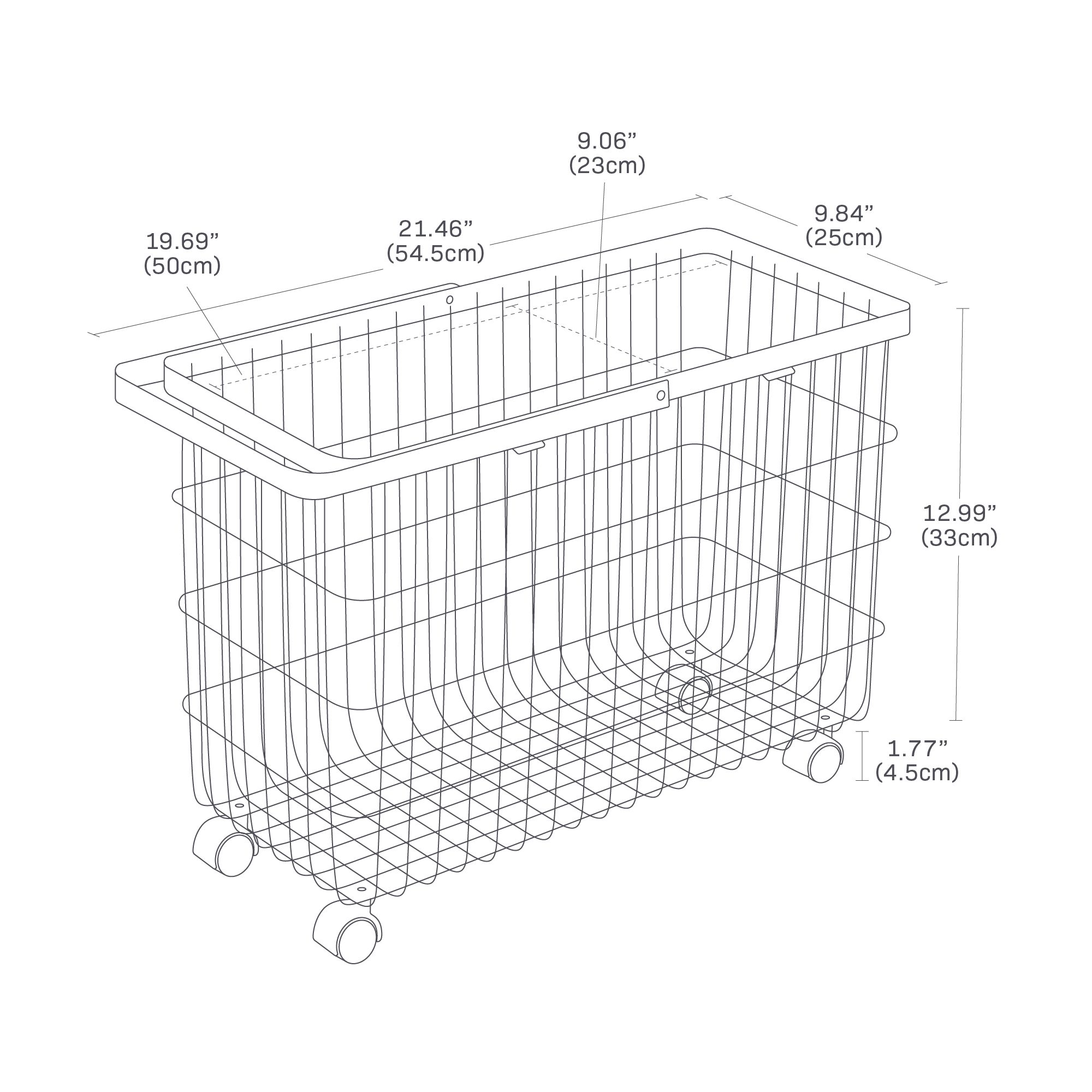 TOWER Rolling Wire Basket. Total product height 14.8 inches. Outer basket length 21.46 inches, height 12.99 inches, width 9.84 inches. Inner basket length 19.69 inches, 9.06 inches wide. Casters 1.77 inches tall. Handle 13 inches tall.