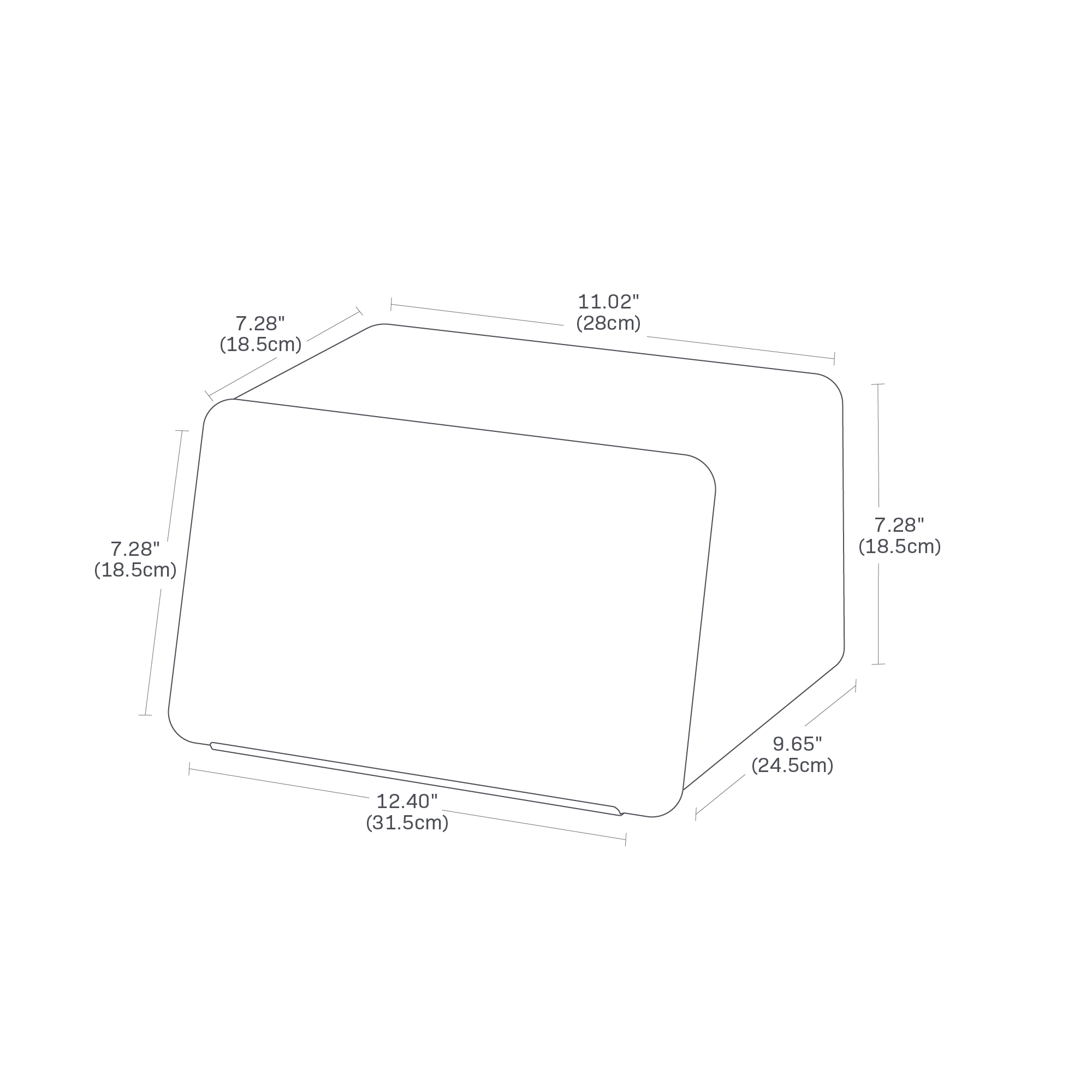 Dimension image for Bread Box with Cutting Board Lidon a white background showinglength of 12.4 inches with a width of 9.65 inches at the bottom, and a length of 11.02 inches with a width of 7.28 inches at the top. The height is 7.28 inches. The cutting board has dimensions with a length of 12.4 inches and a width of 7.27 inches.