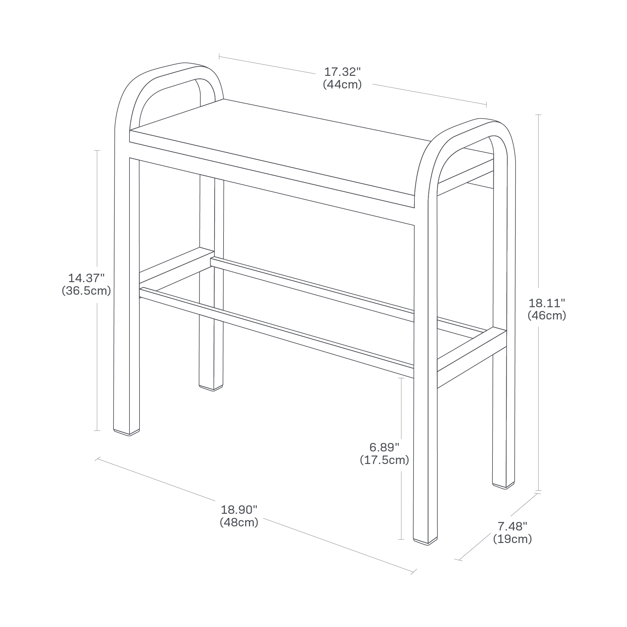 Dimension Image for Shoe Organizer on a white background showing height of 18.11 inches, width of 18.9 inches, length of 7.48 inches, 6.89 inches between floor and middle rack, 14.37 inches from floor to top rack, and 17.32 inches internal width of top rack.