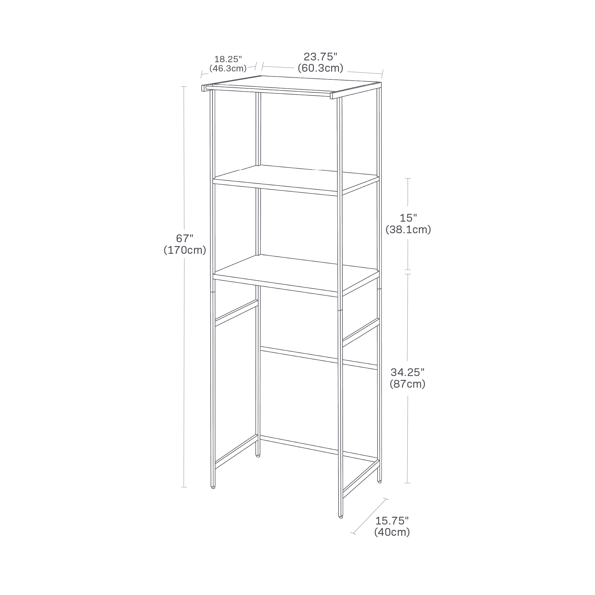 Image dimensionnelle pour le support de rangement - 67" montrant une longueur totale de 23,62", une largeur de 18,3" et une hauteur de 67". Hauteur de l