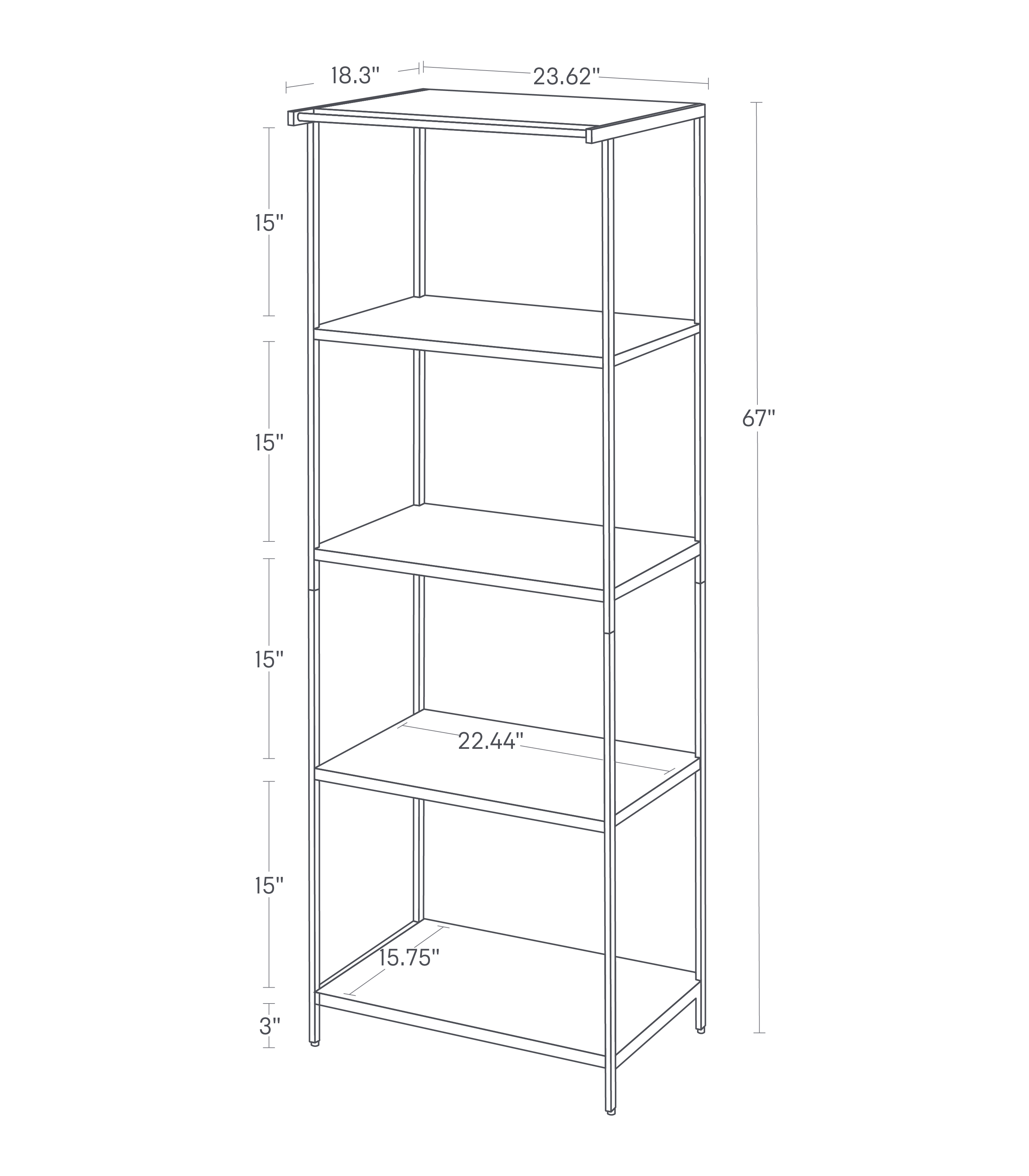Dimension image for Storage Rack - Three Sizes on a white background including dimensions  L 18.31 x W 23.62 x H 66.93 inches