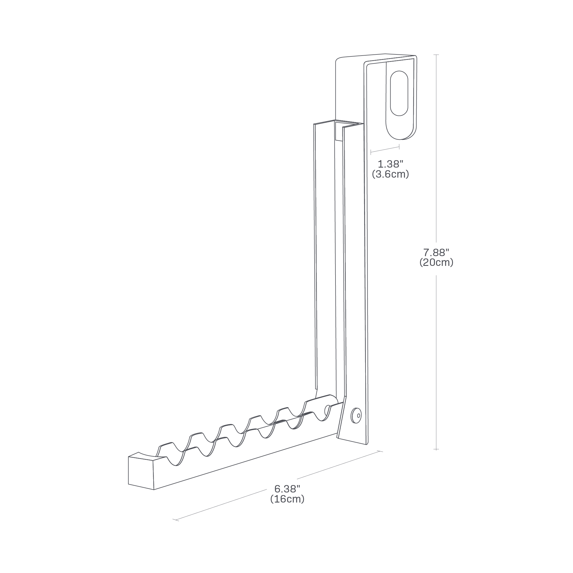 Dimension Image for Over The Door Hook on a white background showing height of 7.88 inches, length of 6.38 inches and internal hook gap of 1.38 inches.