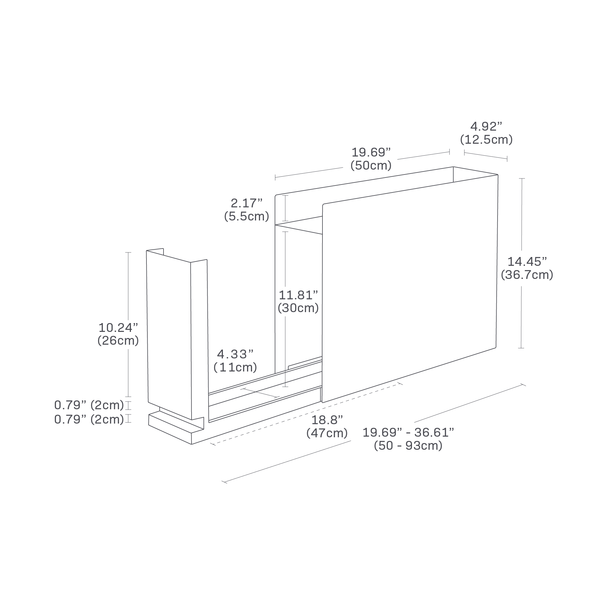 Dimension image for Sliding Drawer Seasoning Rackon a white background showinglength of 4.92 inches, depth of 19.69 inches,height of 14.45 inches. The top shel is 2.17 inches in height.