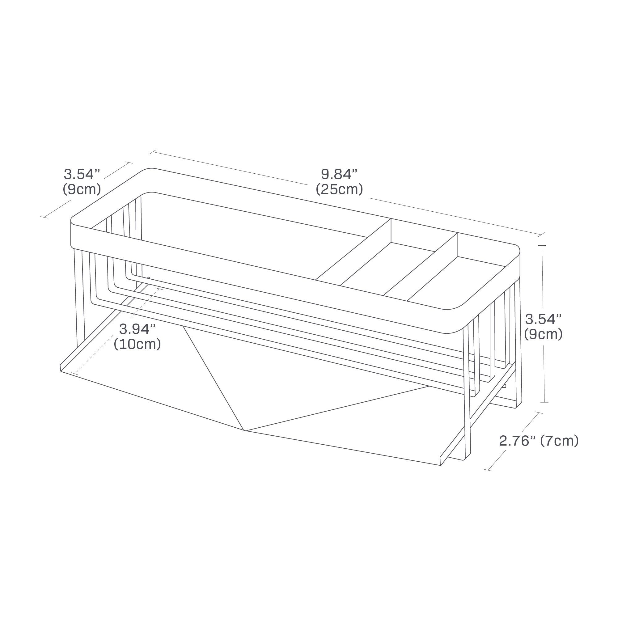 showing width of 9.84 inches, top width of 3.54 inches, height of 3.54 inches, lower width of 2.76 inches, and width of 3.94 inches including drainer.