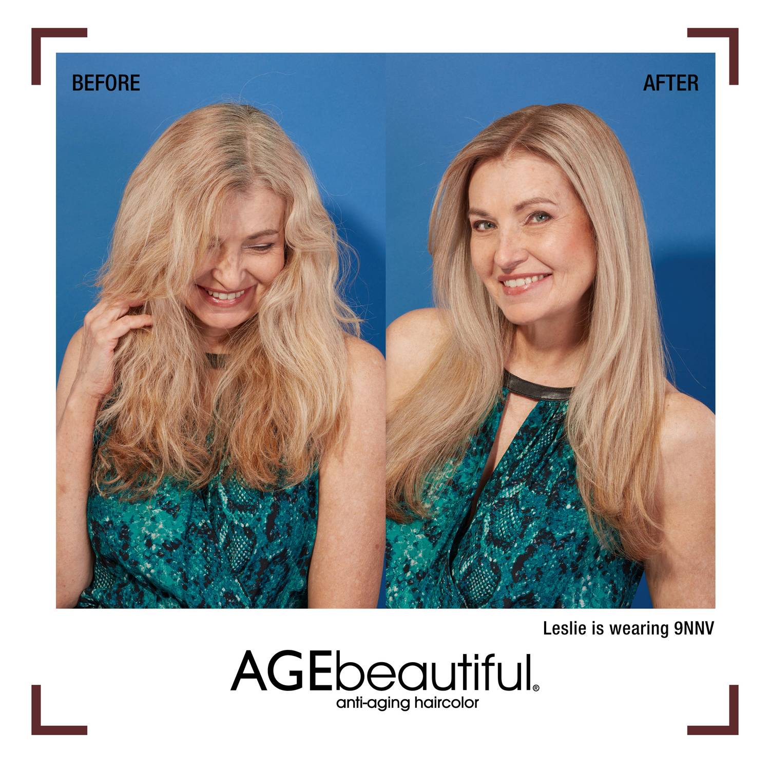 AGEbeautiful hair color before and after 9NNV Light Intense Neutral Violet Blonde
