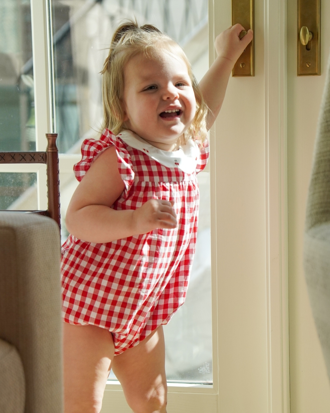 baby wearing kidiwi charlotte gingham romper