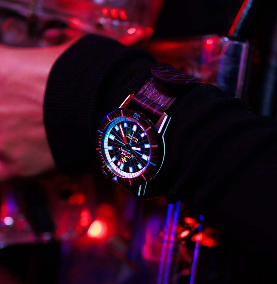 Zodiac x Worn & Wound Super Sea Wolf Laser Tag Comes alive in black light