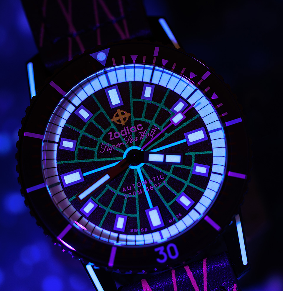 Zodiac x Worn & Wound Super Sea Wolf Laser Tag lume on lume
