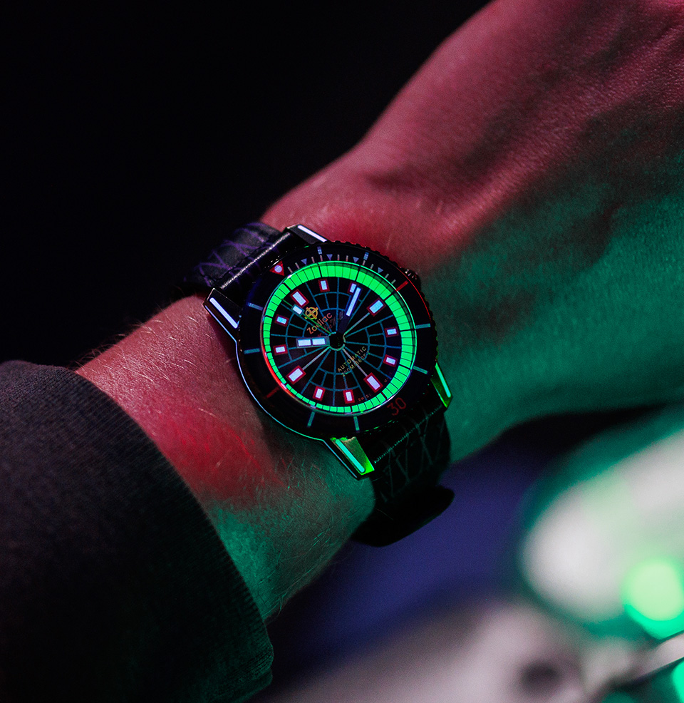 Zodiac x Worn & Wound Super Sea Wolf Laser Tag Comes alive in black light