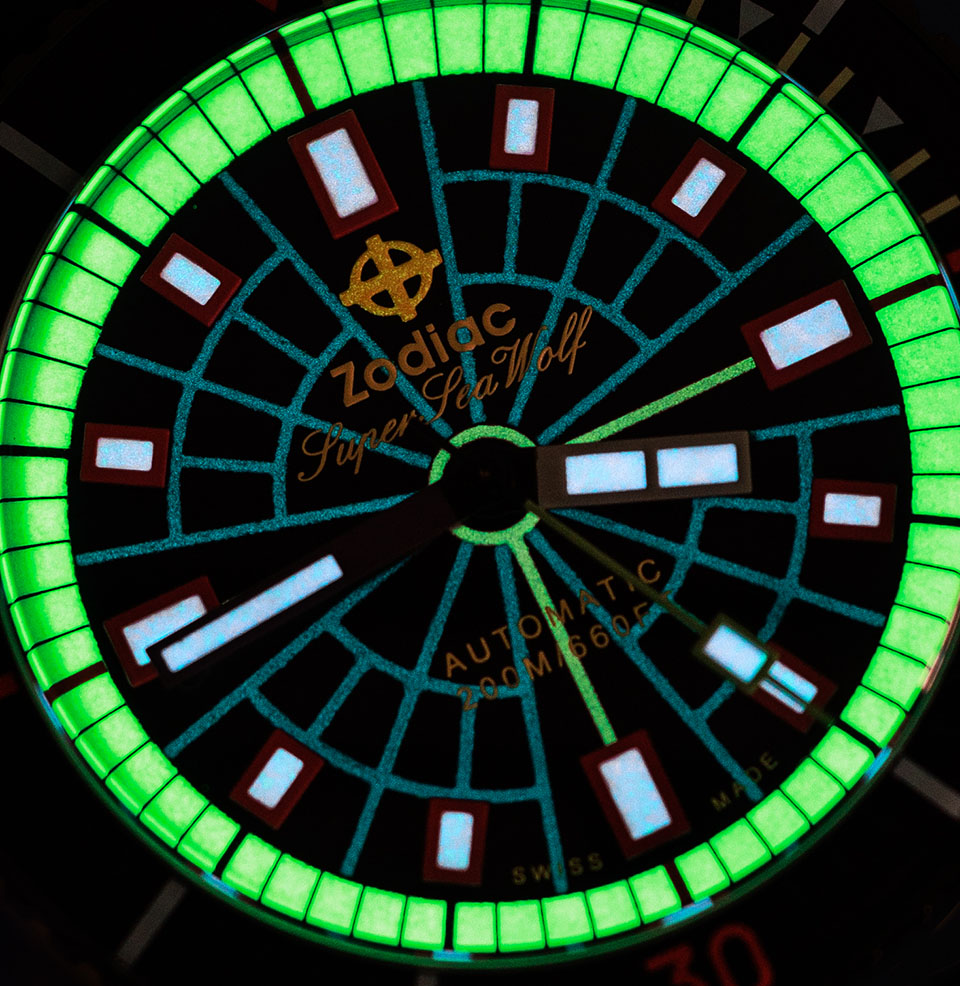 Zodiac x Worn & Wound Super Sea Wolf Laser Tag lume on lume