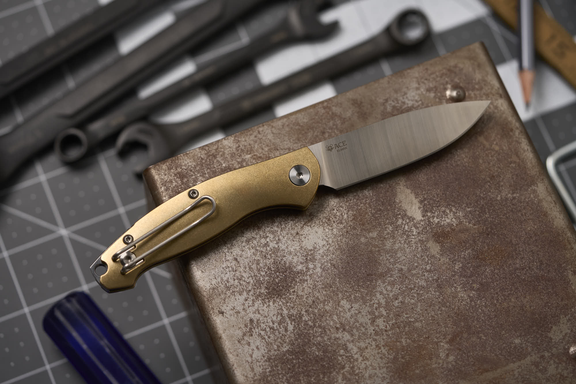 Giant Mouse Knives ACE Farley SlipJoint Folding Knife Brass Handle Elmax  Plain Edge Satin Finish