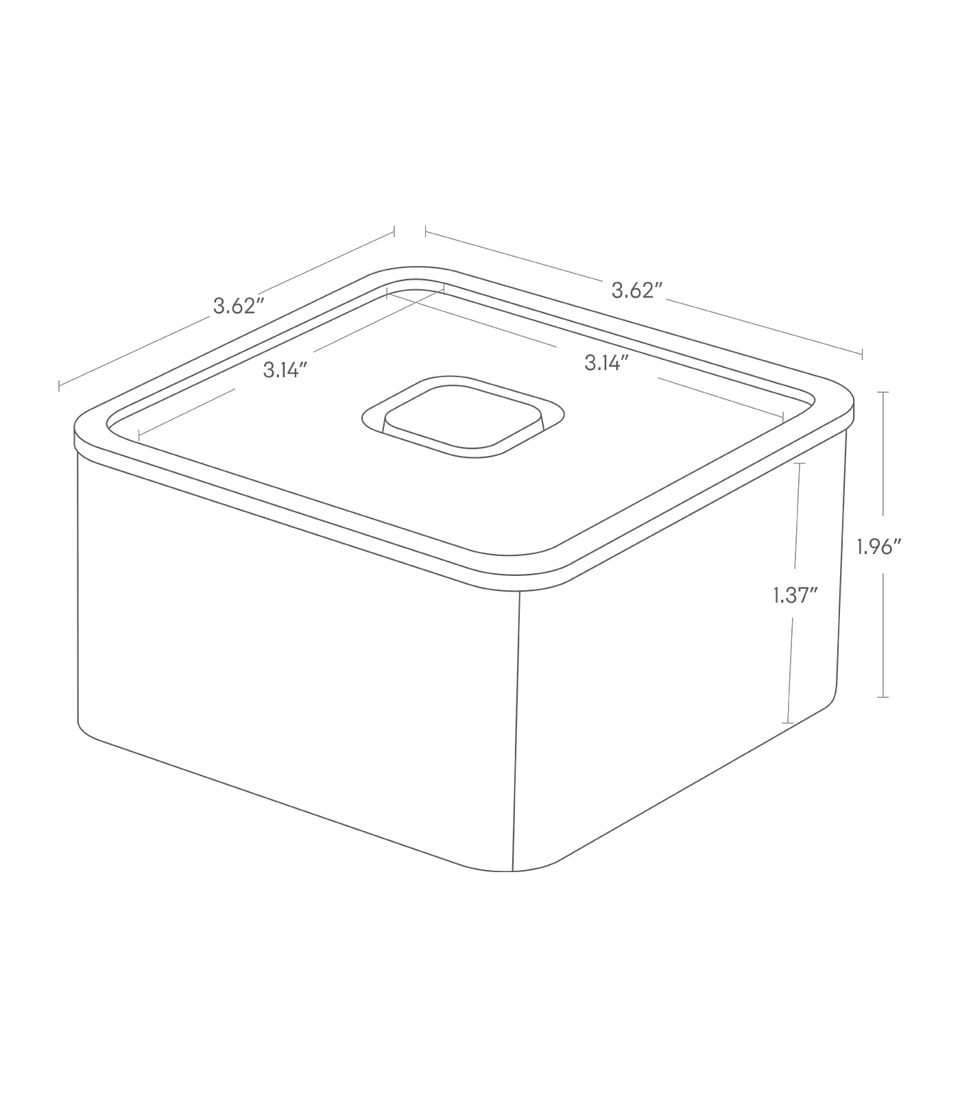 Dimension image for Vacuum-Sealing Bento Box - Square showing a total length/width of 3.62