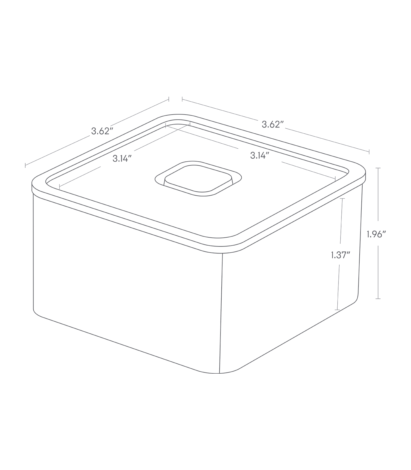 Dimension image for Vacuum-Sealing Bento Box - Square showing a total length/width of 3.62