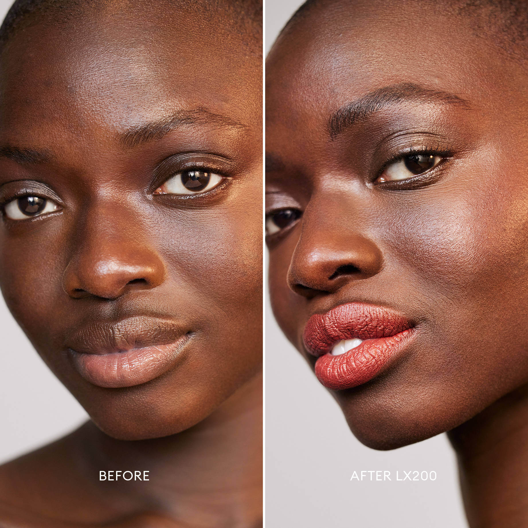 Before and after image of a Very Deep Skin Tone, Neutral Undertone model wearing Softlight Luminous Hydrating Concealer in shade 200.1