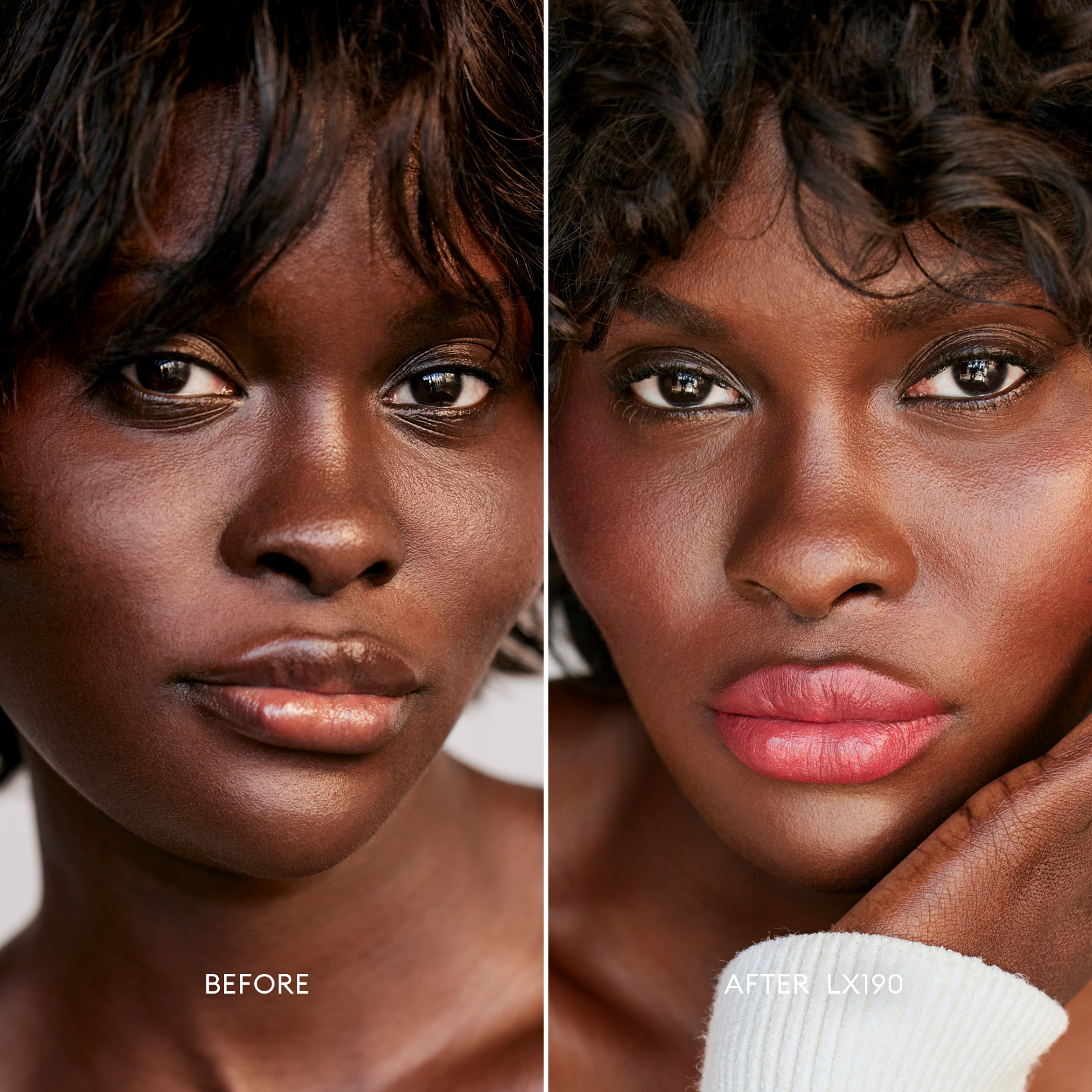 Before and after image of a Very Deep Skin Tone, Cool Red Undertone model wearing Softlight Luminous Hydrating Concealer in shade 190. 1
