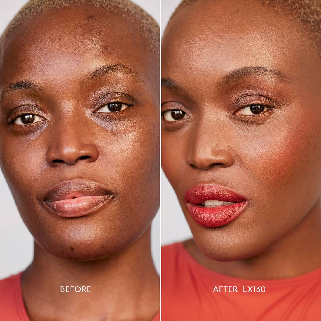 Before and after image of a Deep Skin Tone, Red Undertone model wearing Softlight Luminous Hydrating Concealer in shade 160. 1