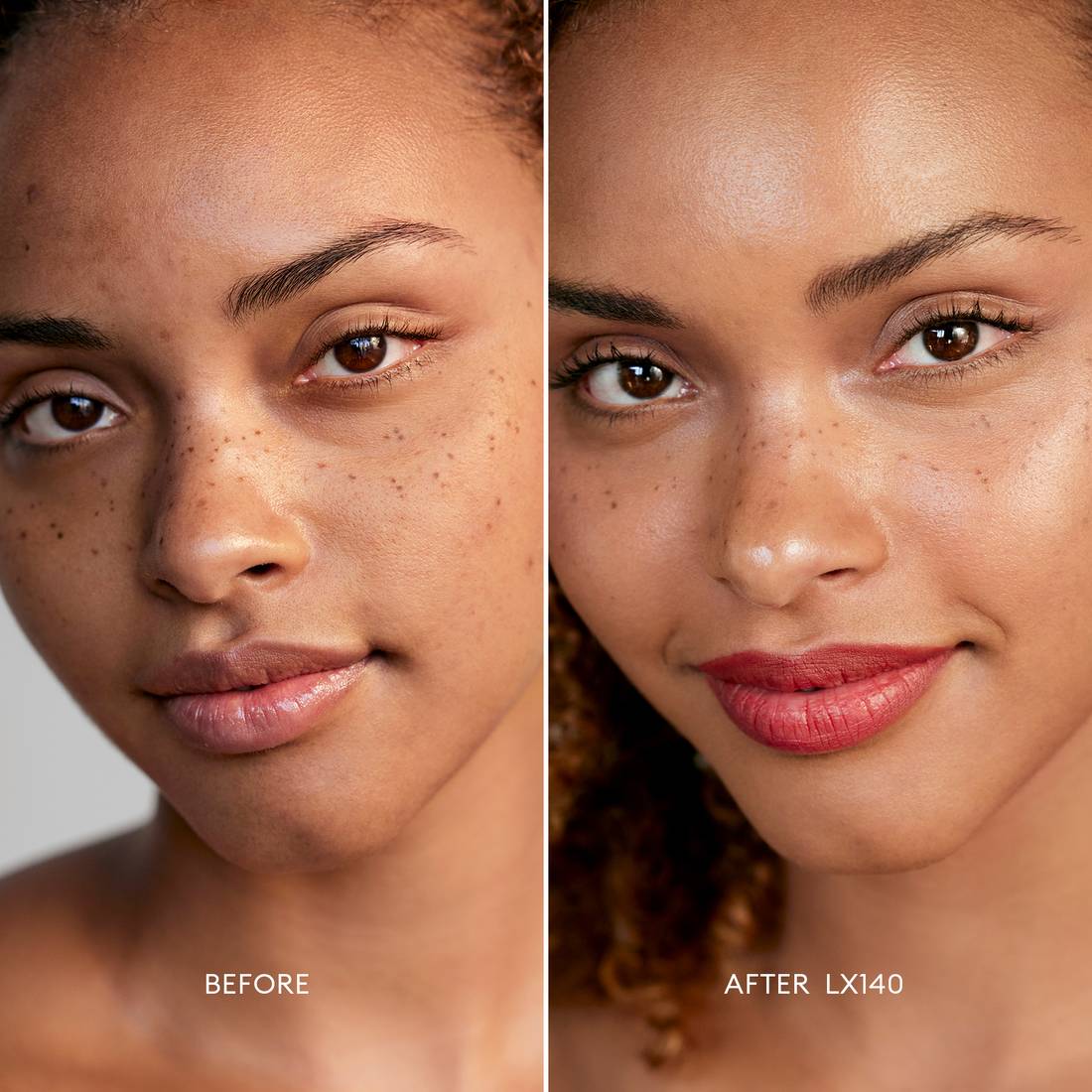 Before and after image of a Medium/Deep Skin Tone, Neutral Undertone model wearing Softlight Luminous Hydrating Concealer in shade 140. 2