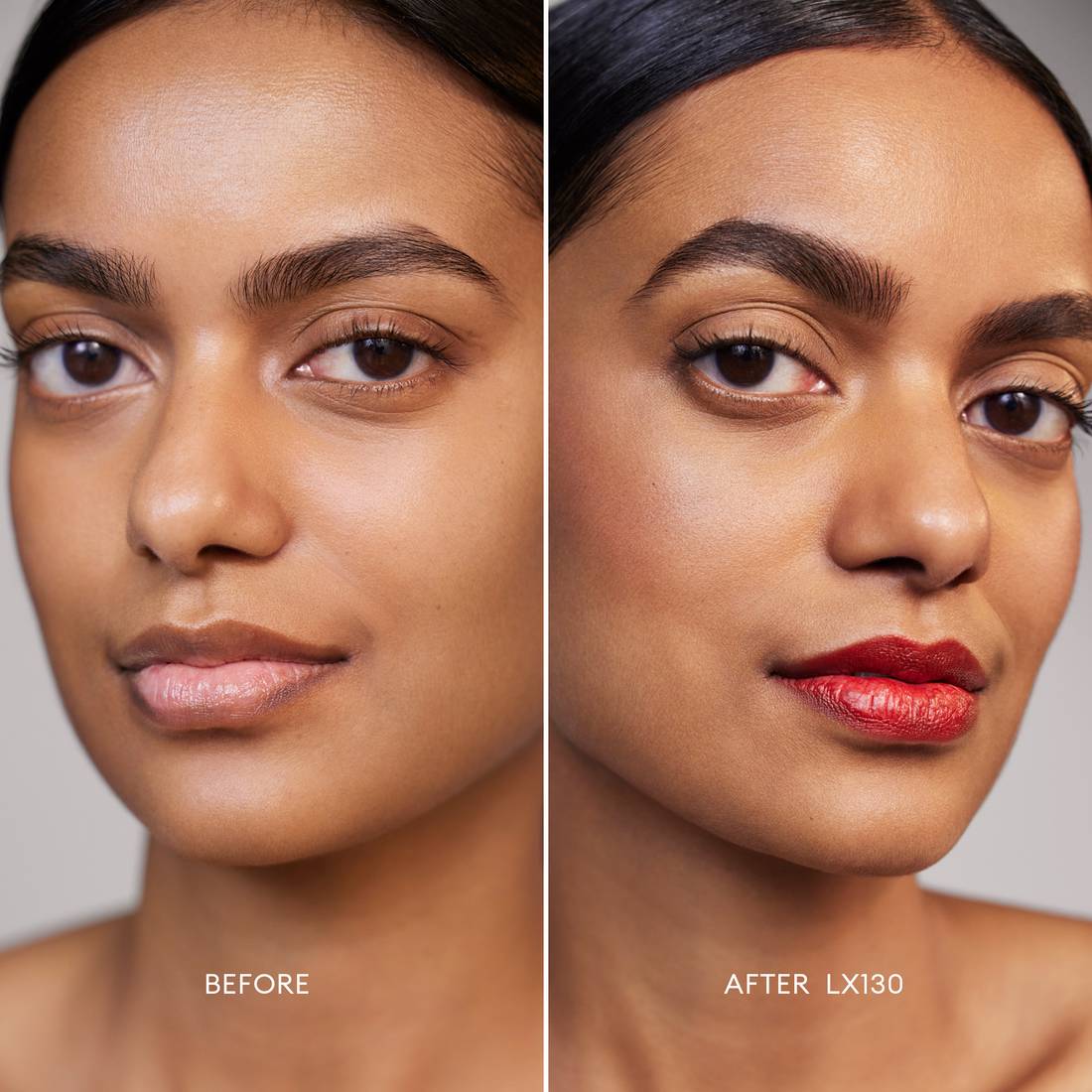 Before and after image of a Medium/Deep Skin Tone, Warm Golden Undertone model wearing Softlight Luminous Hydrating Concealer in shade 130. 2