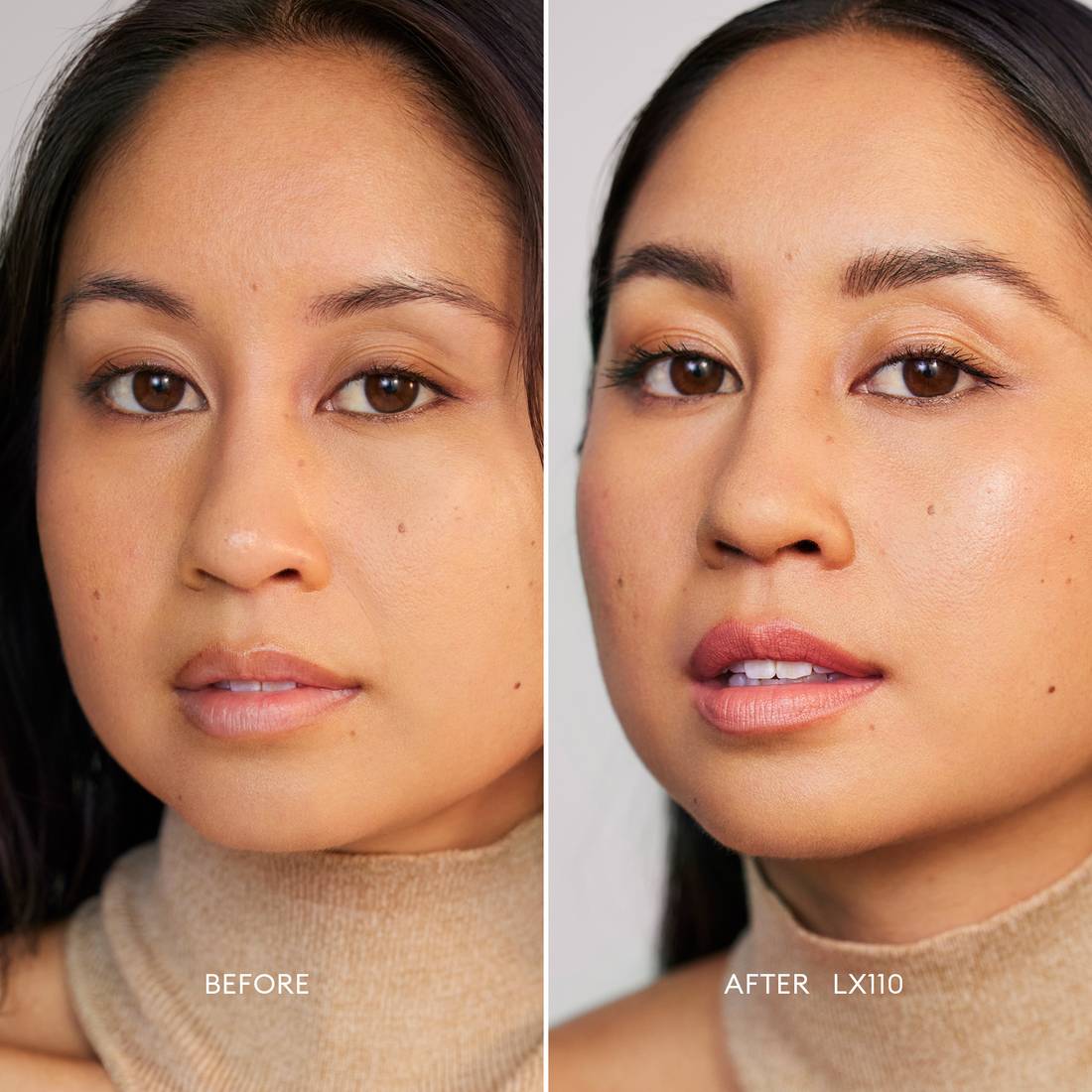 Before and after image of a Medium/Deep Skin Tone, Golden Undertone model wearing Softlight Luminous Hydrating Concealer in shade 110. 2