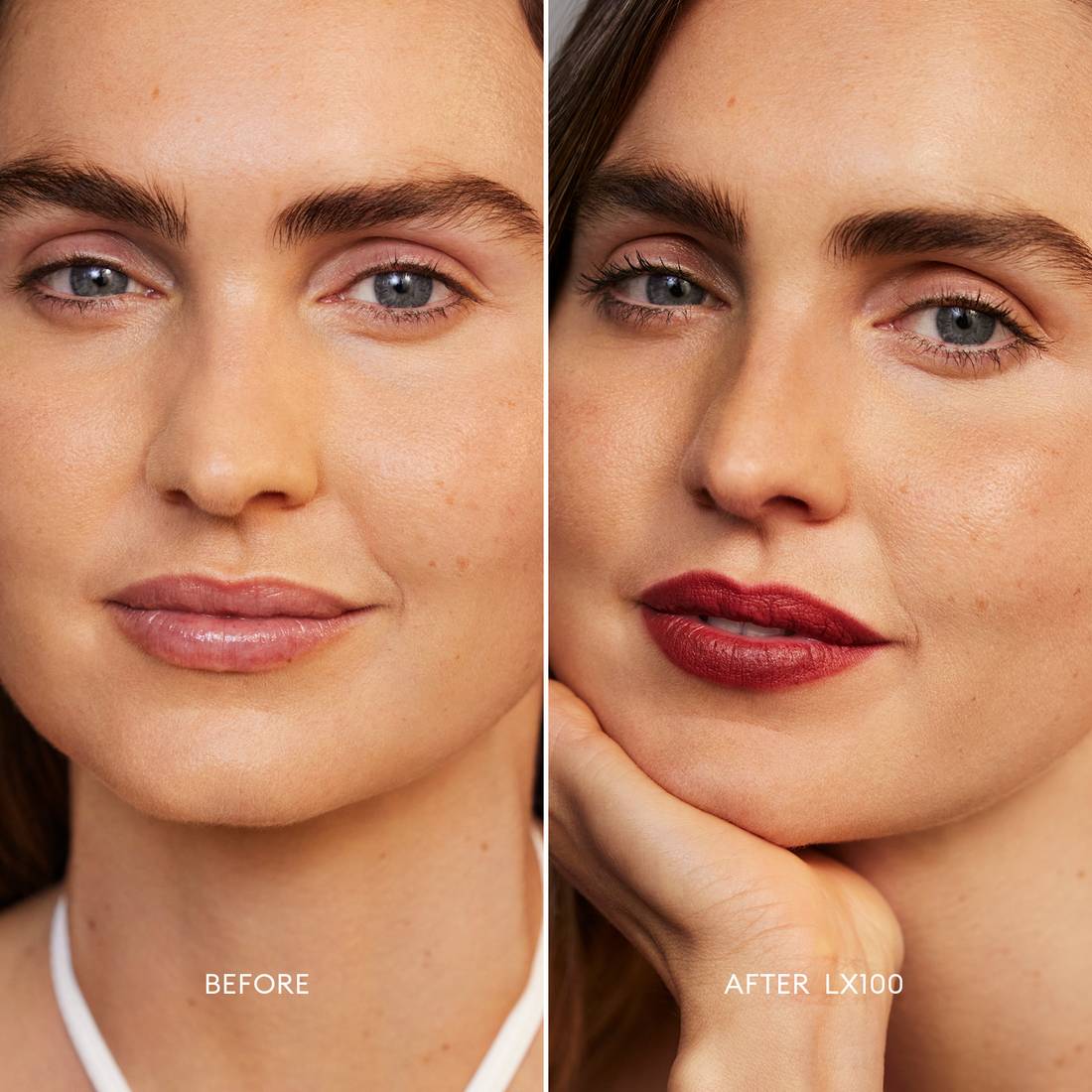 Before and after image of a Medium/Deep Skin Tone, Peach Undertone model wearing Softlight Luminous Hydrating Concealer in shade 100. 2