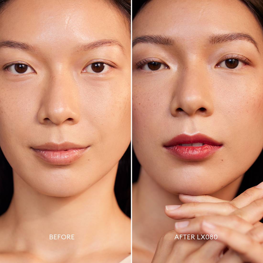 Before and after image of a Medium Skin Tone, Pink Undertone model wearing Softlight Luminous Hydrating Concealer in shade 080. 2