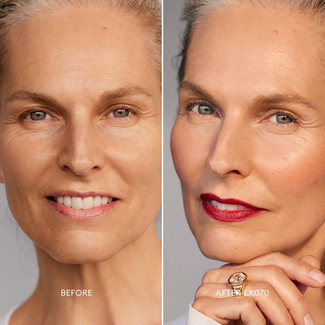 Before and after image of a Medium Skin Tone, Golden Undertone model wearing Softlight Luminous Hydrating Concealer in shade 070. 3