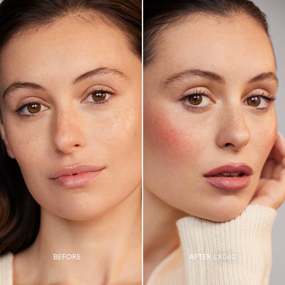 Before and after image of a Medium Skin Tone, Peach Undertone model wearing Softlight Luminous Hydrating Concealer in shade 060. 3