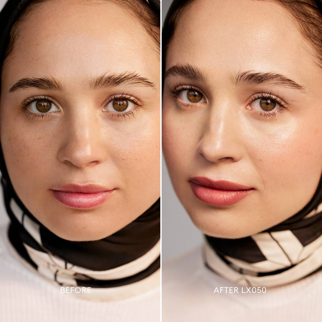 Before and after image of a Light/Medium Skin Tone, Neutral Undertone model wearing Softlight Luminous Hydrating Concealer in shade 050. 3