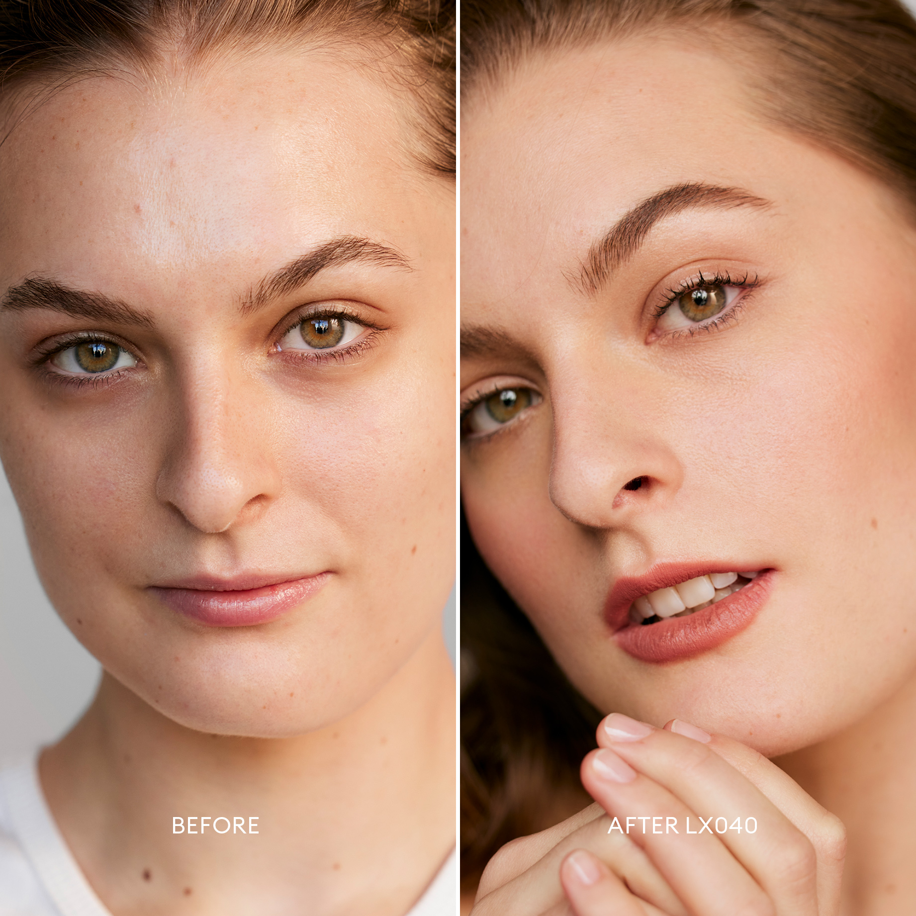 Before and after image of a Light/Medium Skin Tone, Golden Neutral Undertone model wearing Softlight Luminous Hydrating Concealer in shade 040. 3