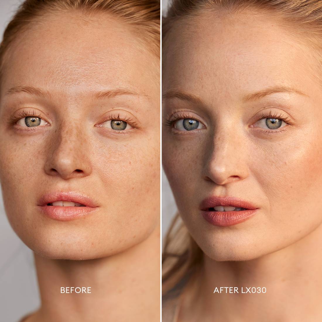Before and after image of a Very Deep Skin Tone, Neutral Undertone model wearing Softlight Luminous Hydrating Concealer in shade 030. 3