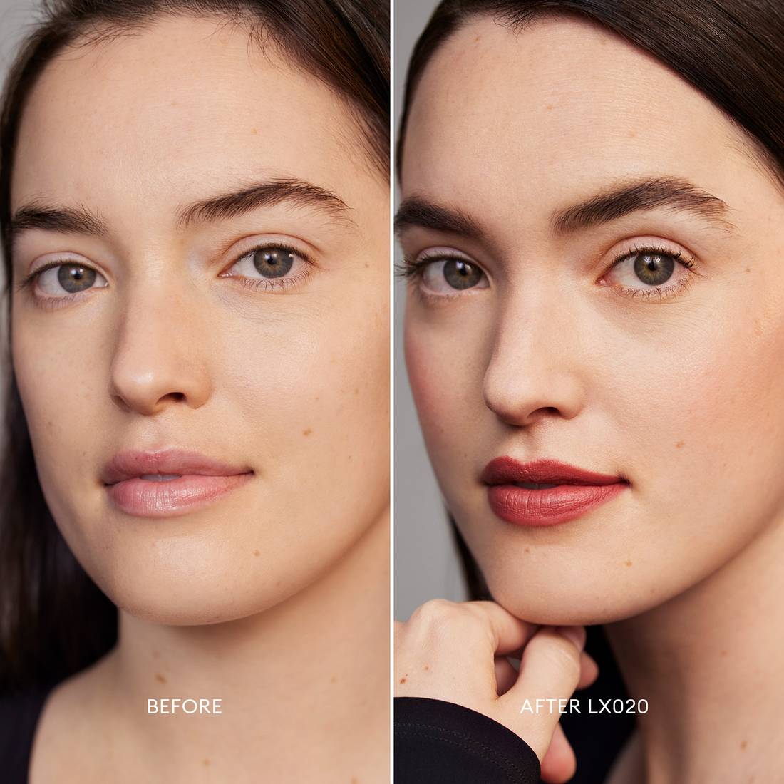 Before and after image of a Light Skin Tone, Peach Undertone model wearing Softlight Luminous Hydrating Concealer in shade 020. 3