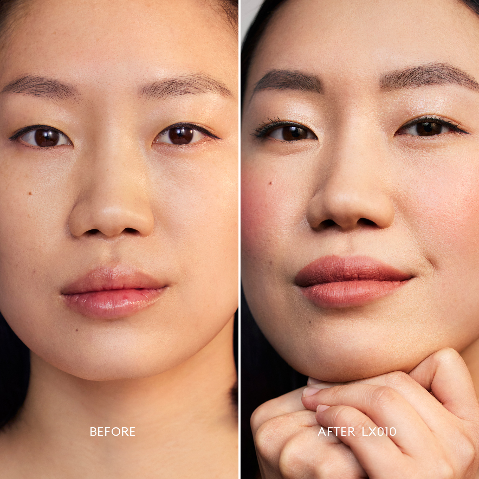 Before and after image of a Fair Skin Tone, Neutral Undertone model wearing Softlight Luminous Hydrating Concealer in shade 010. 3
