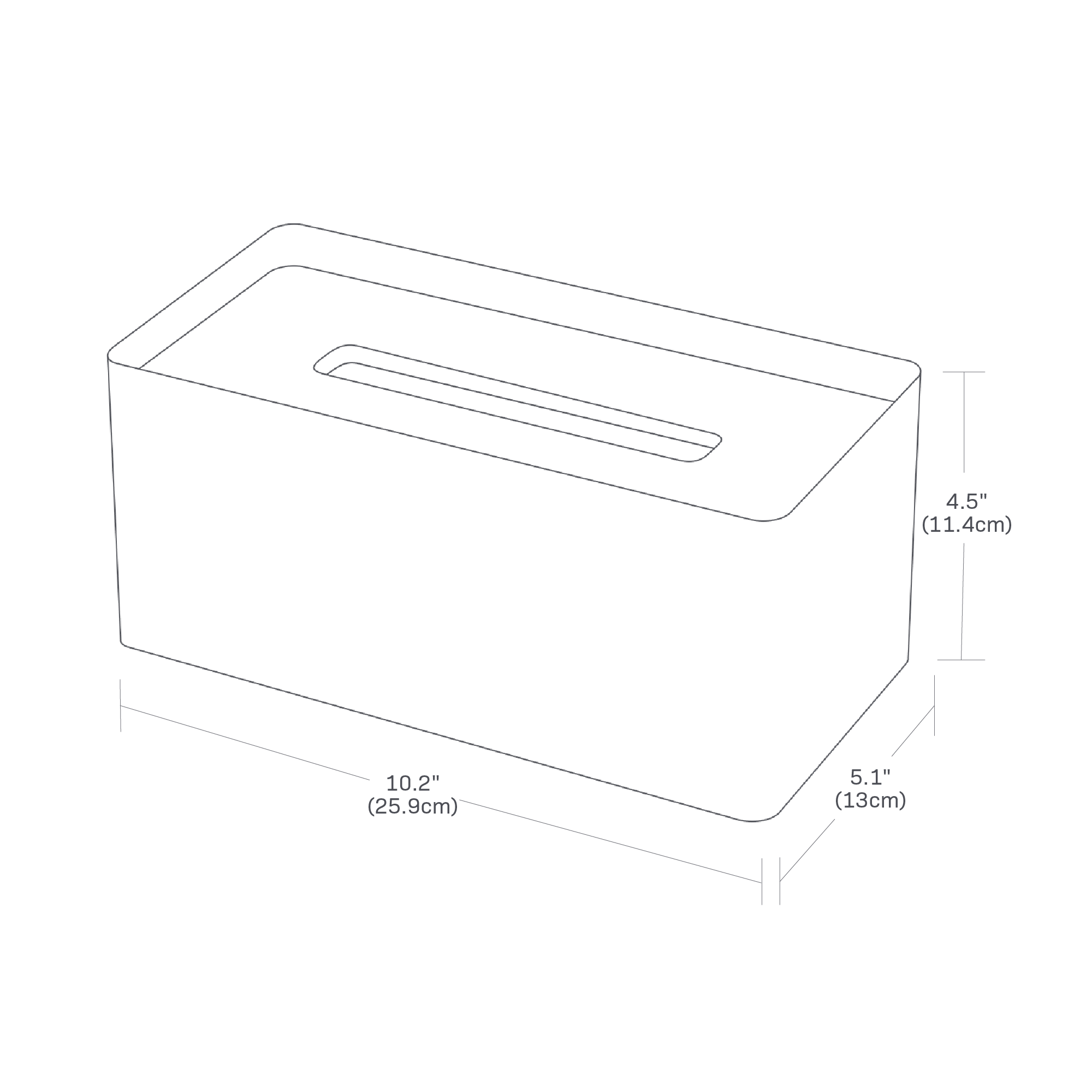 Image dimensionnelle pour étui à mouchoirs sur fond blanc montrant une hauteur de 4,5 po, une longueur de 5,1 po et une largeur de 10,2 po