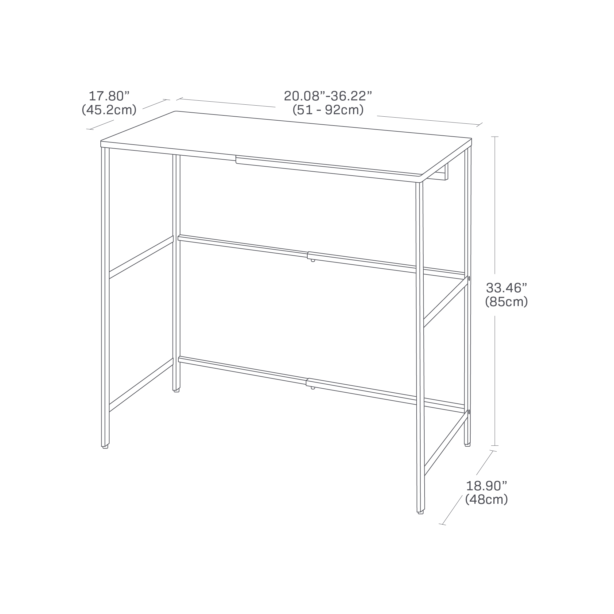 Dimensions of Yamazaki Home Expandable Suitcase Rack showing a total expandable length from 20.08 to 36.22 inches, a total width of 18.90 inches and a total height of 33.46 inches. Counter width is 17.80 inches.