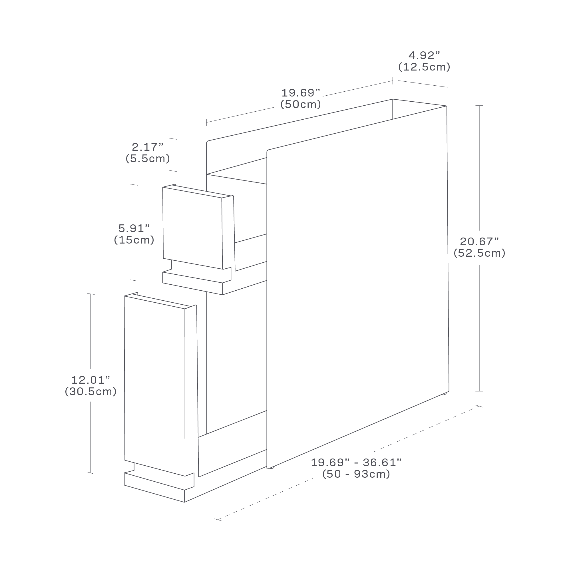 Dimensions of Yamazaki Home Two-Tier Sliding Drawer Seasoning Rack showing a total length of 19.69 inches up to 36.61 inches fully extended. Total width is 4.92 inches and total height is 20.67 inches. Bottom tier is 12.01 inches tall, top tier is 5.91 inches tall. Top area is 2.17 inches tall