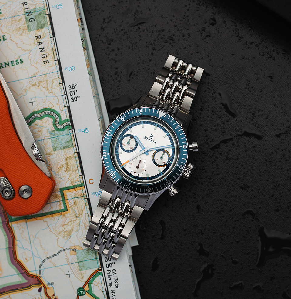 Nivada Grenchen x Worn & Wound Chronomaster Valjoux 72 V2 Sand and Teal