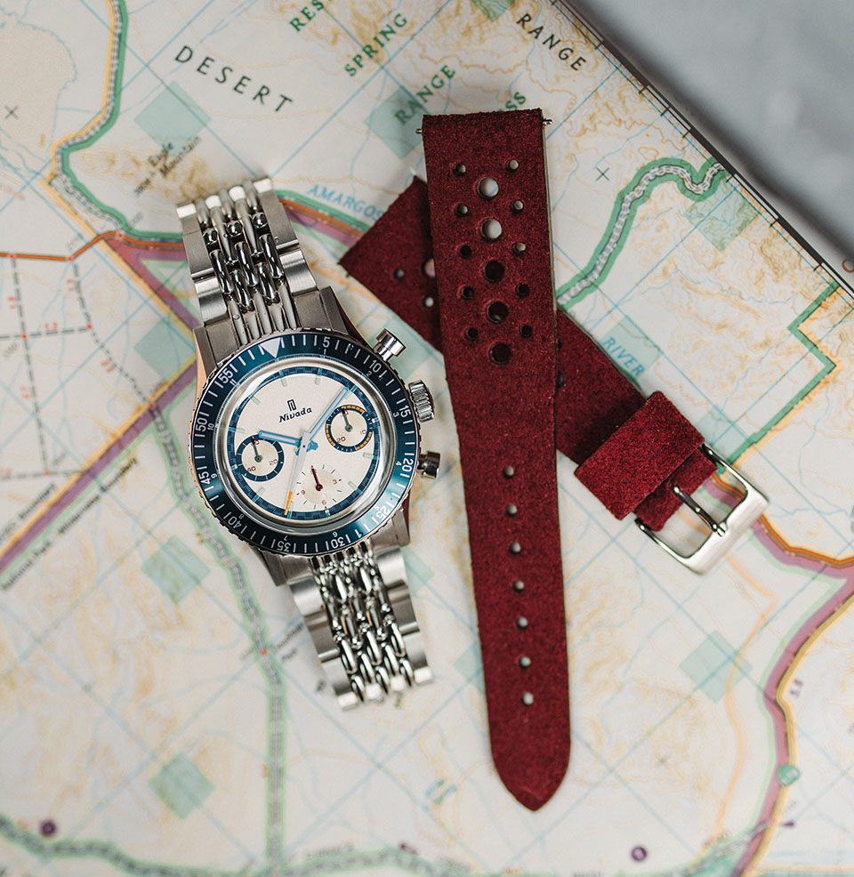 Nivada Grenchen x Worn & Wound Chronomaster Valjoux 72 V2 Additional Suede Rally Strap