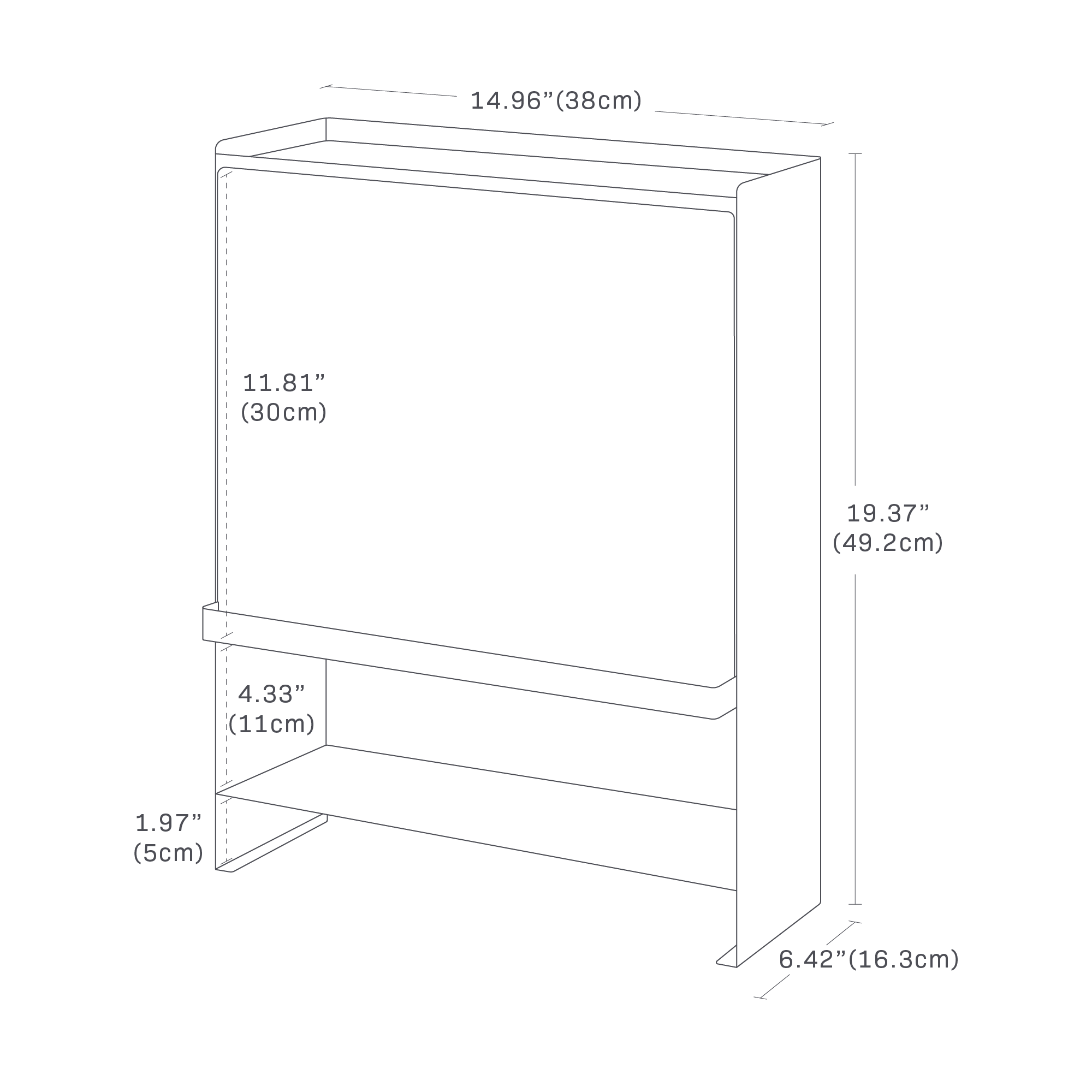 The image shows a concealable spice rack with dimensions: height is 19.37", width is 14.96", and depth is 6.42". The interior shelf is 7" wide and 11.81" high. Bottom sections measure 4.33" and 1.97" in height.