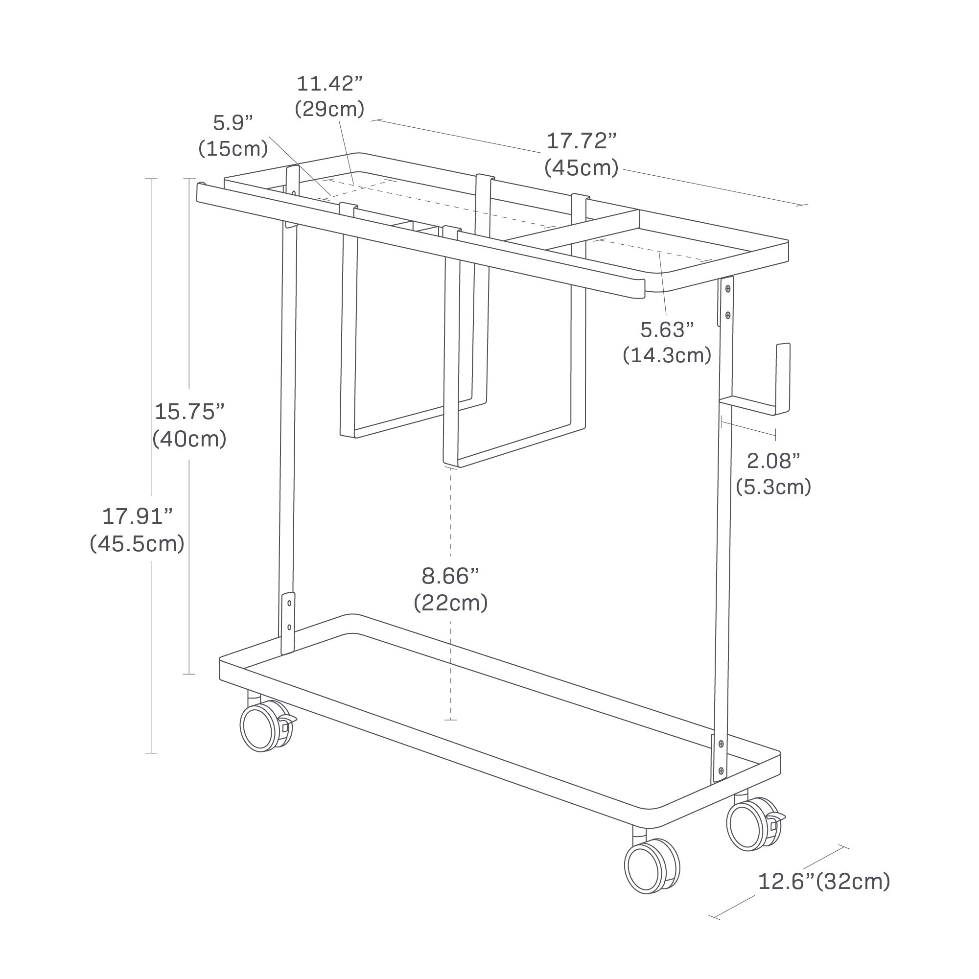 Dimension image for Fitness Equipment Storage Cart showing cart dimensions: length 17.91", width 8.66", height 15.75", top depth 5.63", shelf height 2.08", and wheel diameter 12.6