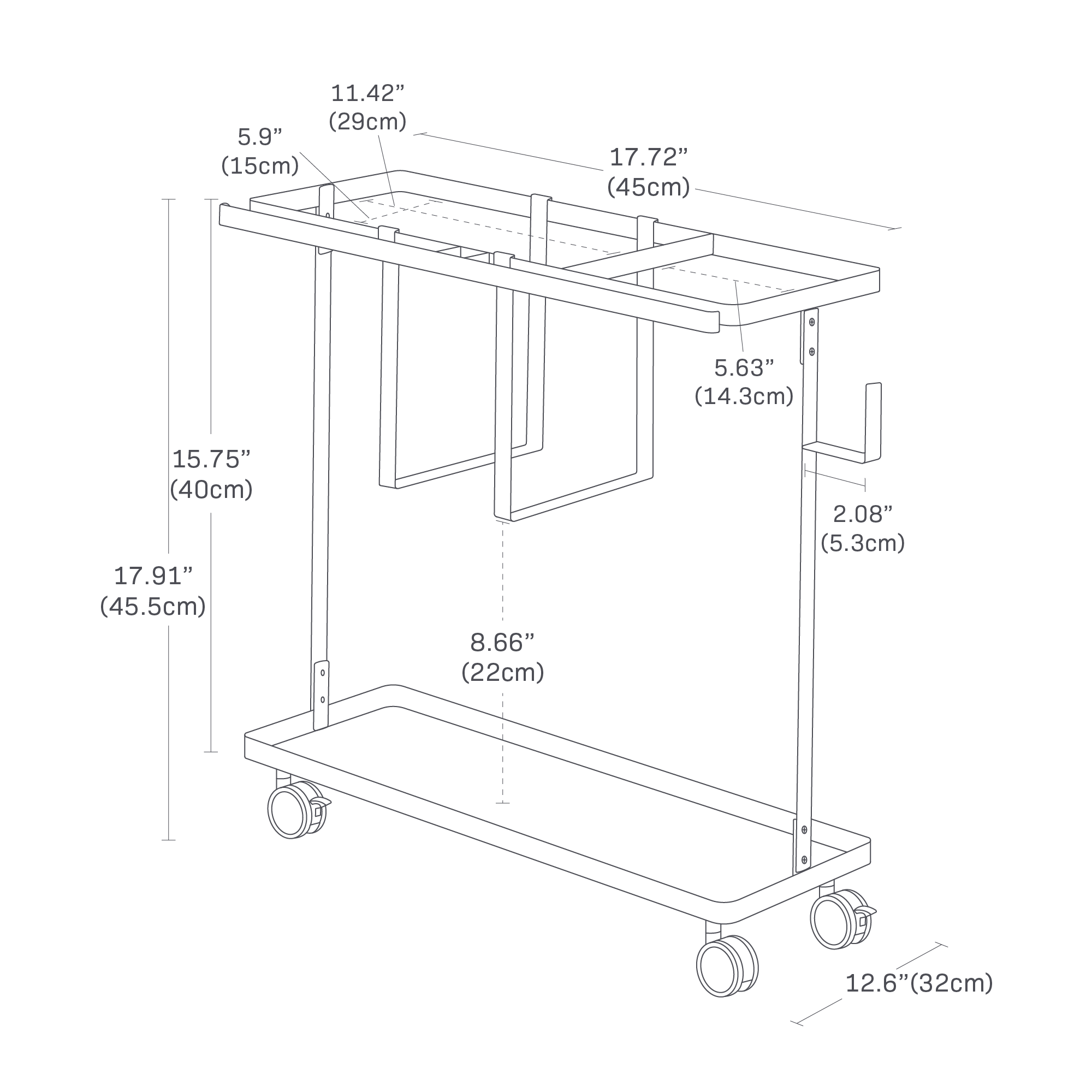 Dimension image for Fitness Equipment Storage Cart showing cart dimensions: length 17.91", width 8.66", height 15.75", top depth 5.63", shelf height 2.08", and wheel diameter 12.6