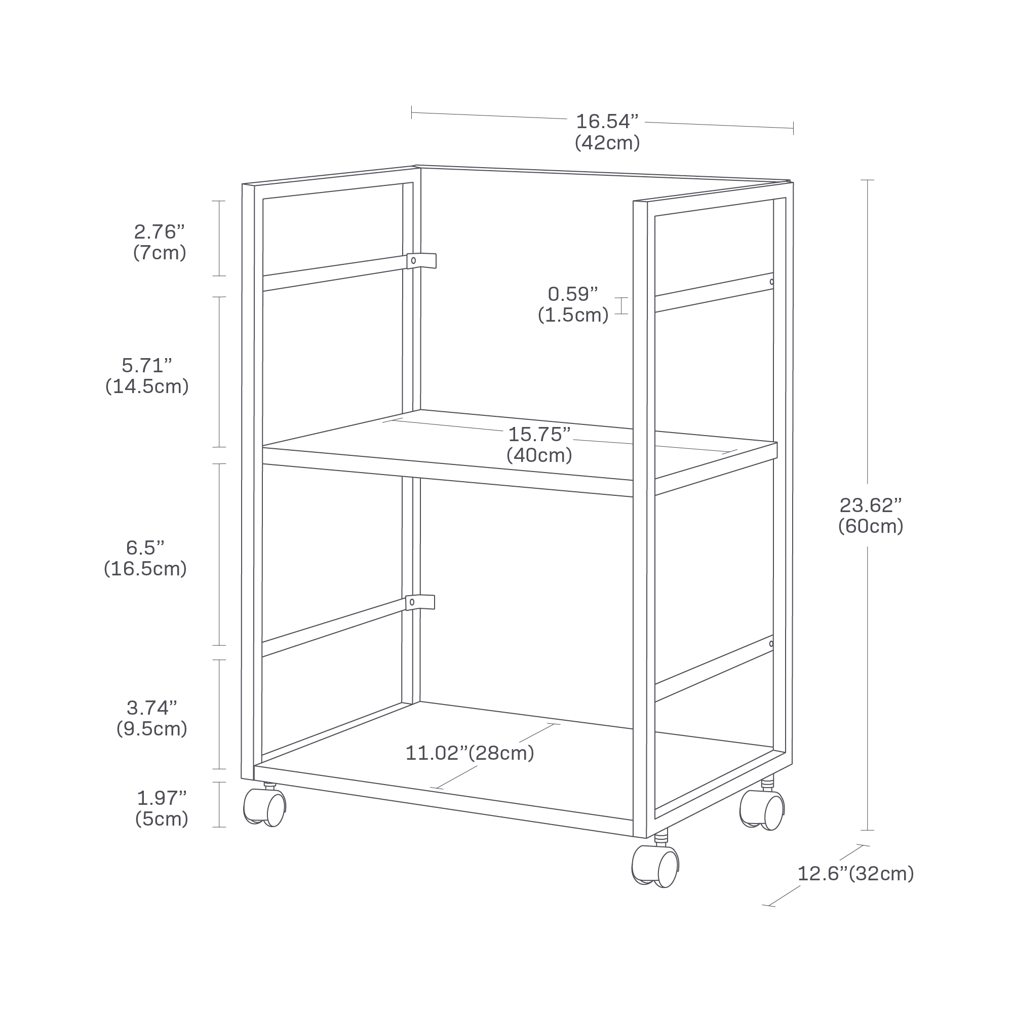 Dimension image for Two-Tier Hideaway Storage Cart showing cart dimensions: width 16.54", depth 15.75", height 23.62", shelf heights 5.71", 6.5", and wheel diameter 1.97