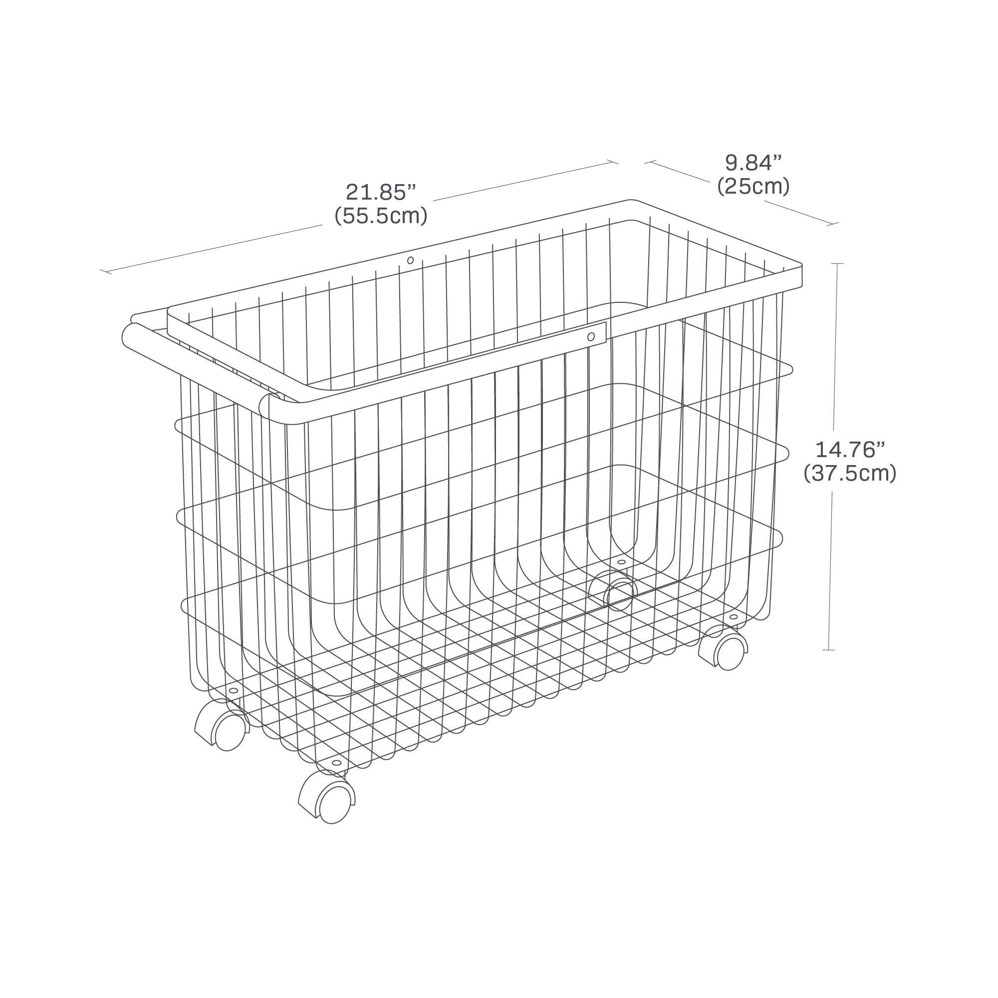 Dimension image for Rolling Wire Basket (14.8" H) - Steel + Wood showing a cart with dimensions of 21.85 inches in length, 9.84 inches in width, and 14.76 inches in height, featuring wheels for mobility