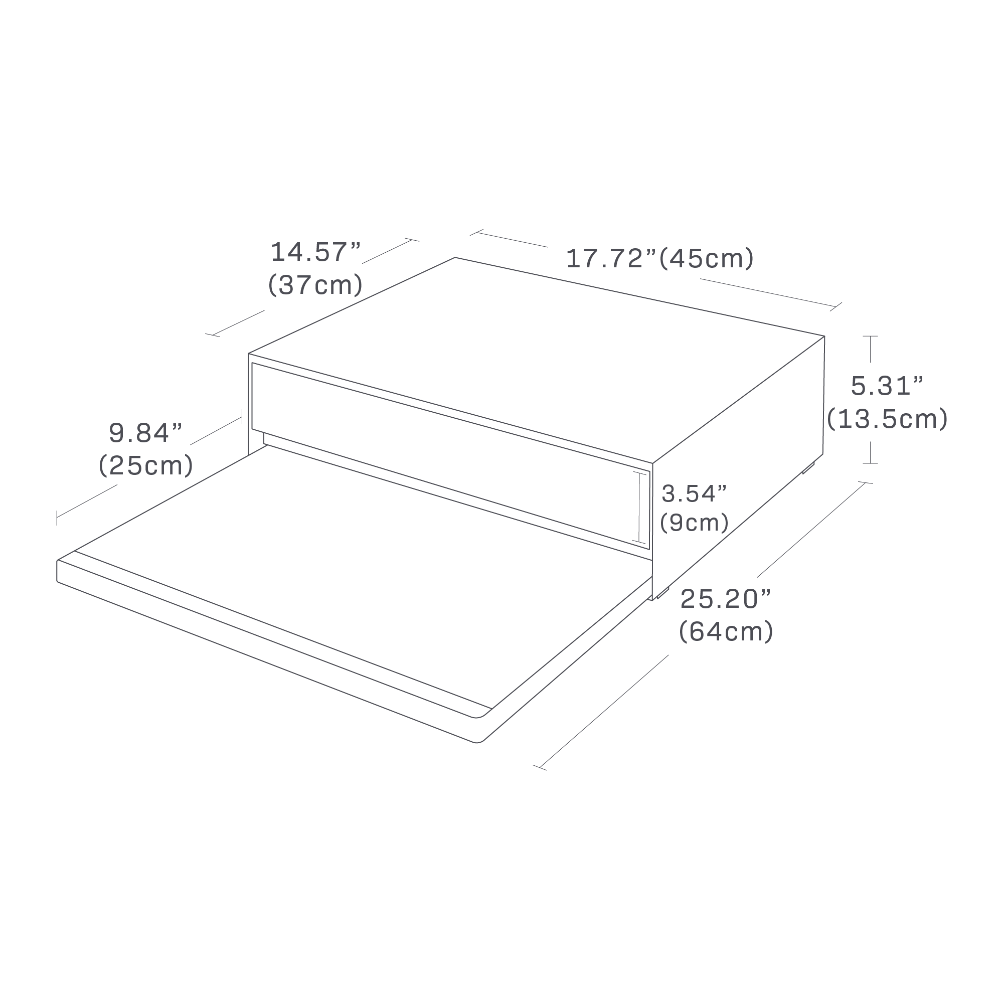 Dimension image of the Contertop Drawer with Pull-Out Shelf by Yamazaki Home with a total width of 17.72" and height of 5.31". The depth of the image when the drawer and shelf is tucked in is 14.57". The depth of the shelf when pulled out is 9.84" and the total depth of the unit when the shelf is pulled out is 25.20". The height of the drawer is 3.54".