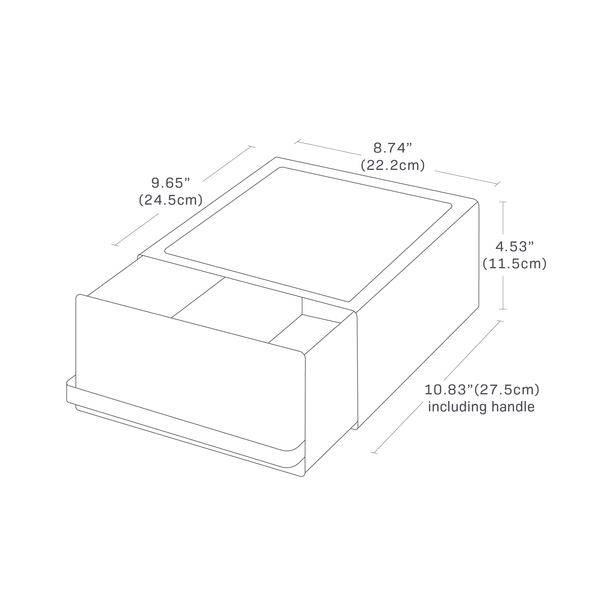 Dimension image for Countertop Rack with Drawer showing dimensions of 10.83 inches in length including handle, 9.65 inches in length excluding handle, 8.74 inches in width, and 4.53 inches in height