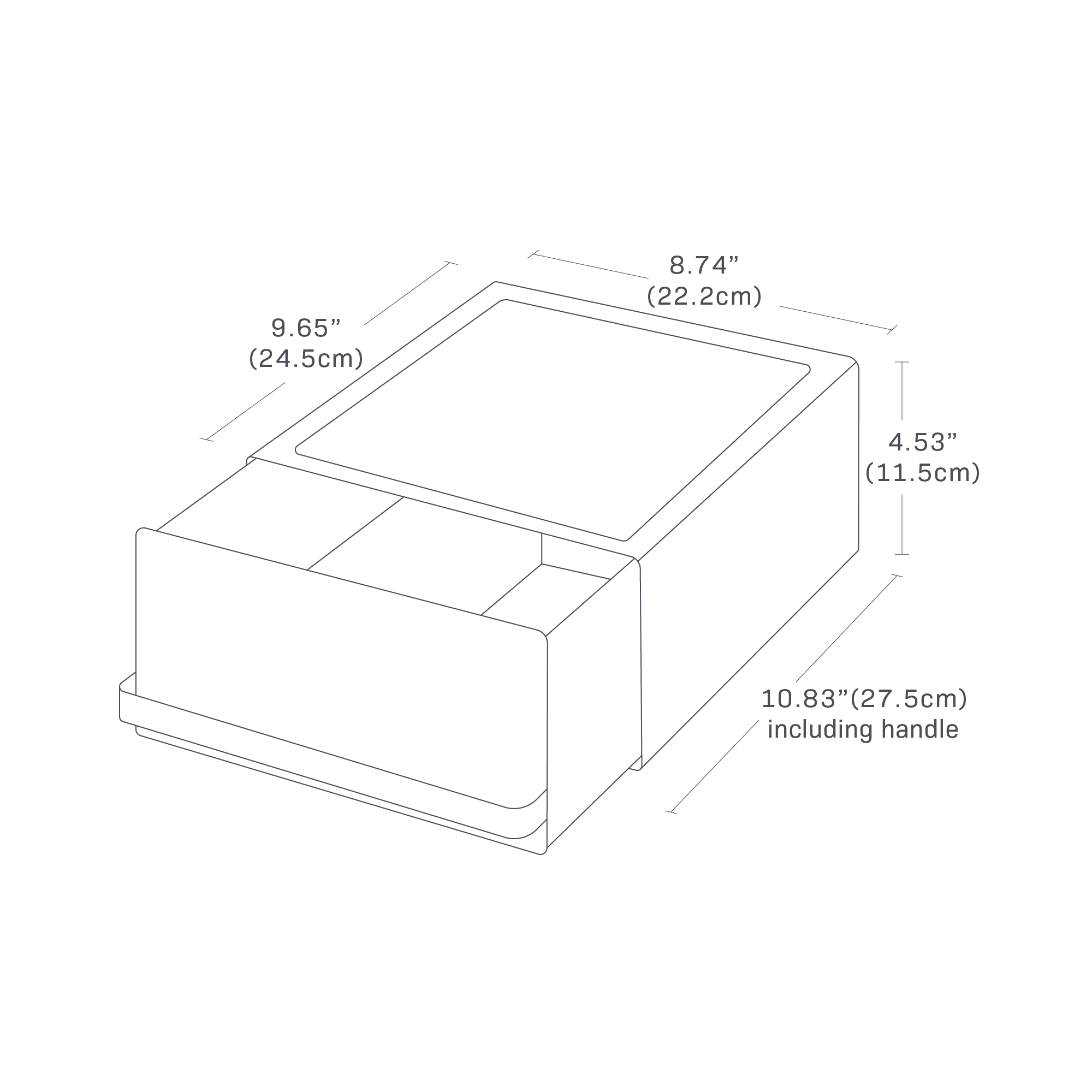 Dimension image for Countertop Rack with Drawer showing dimensions of 10.83 inches in length including handle, 9.65 inches in length excluding handle, 8.74 inches in width, and 4.53 inches in height
