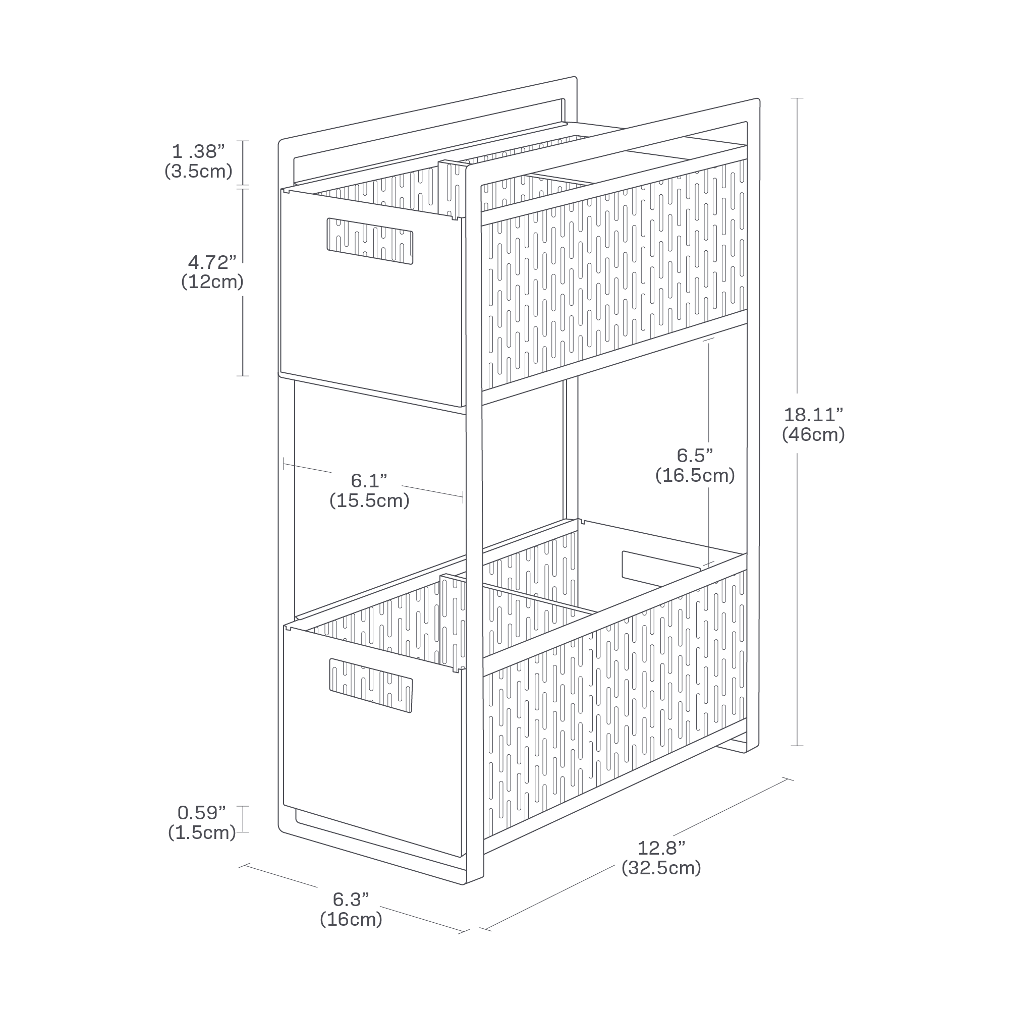 Dimension image for Two-Tier Cabinet Storage Basket showing shelf unit height 18.11", width 12.8", depth 6.1", pocket height 4.72", and base thickness 0.59