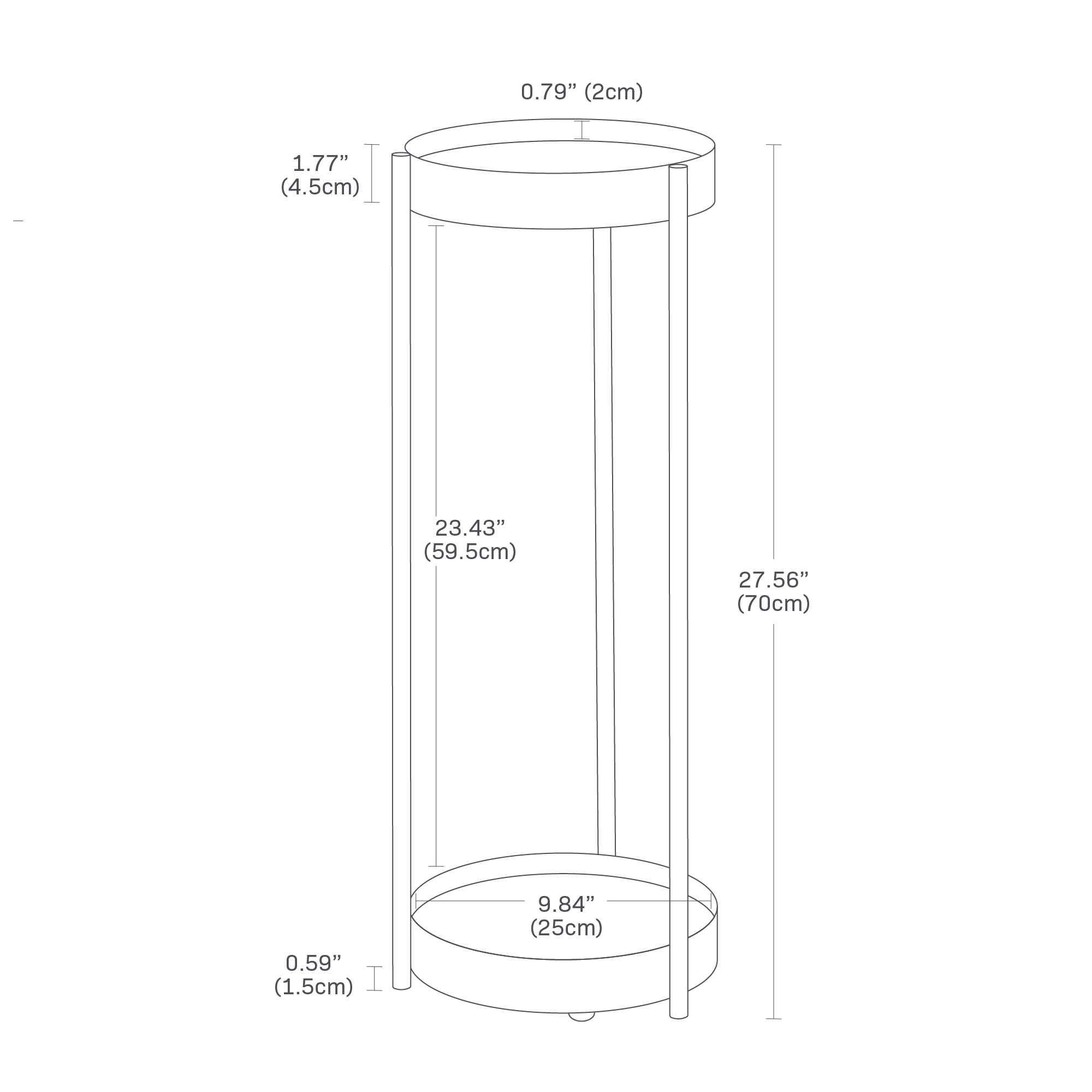 Dimension image for Two-Tier Rolling Plant Stand showing dimensions of 27.56 inches in height, a top diameter of 0.79 inches, and a bottom diameter of 9.84 inches. The main body is 23.43 inches tall with a wall thickness of 1.77 inches and a base height of 0.59 inches