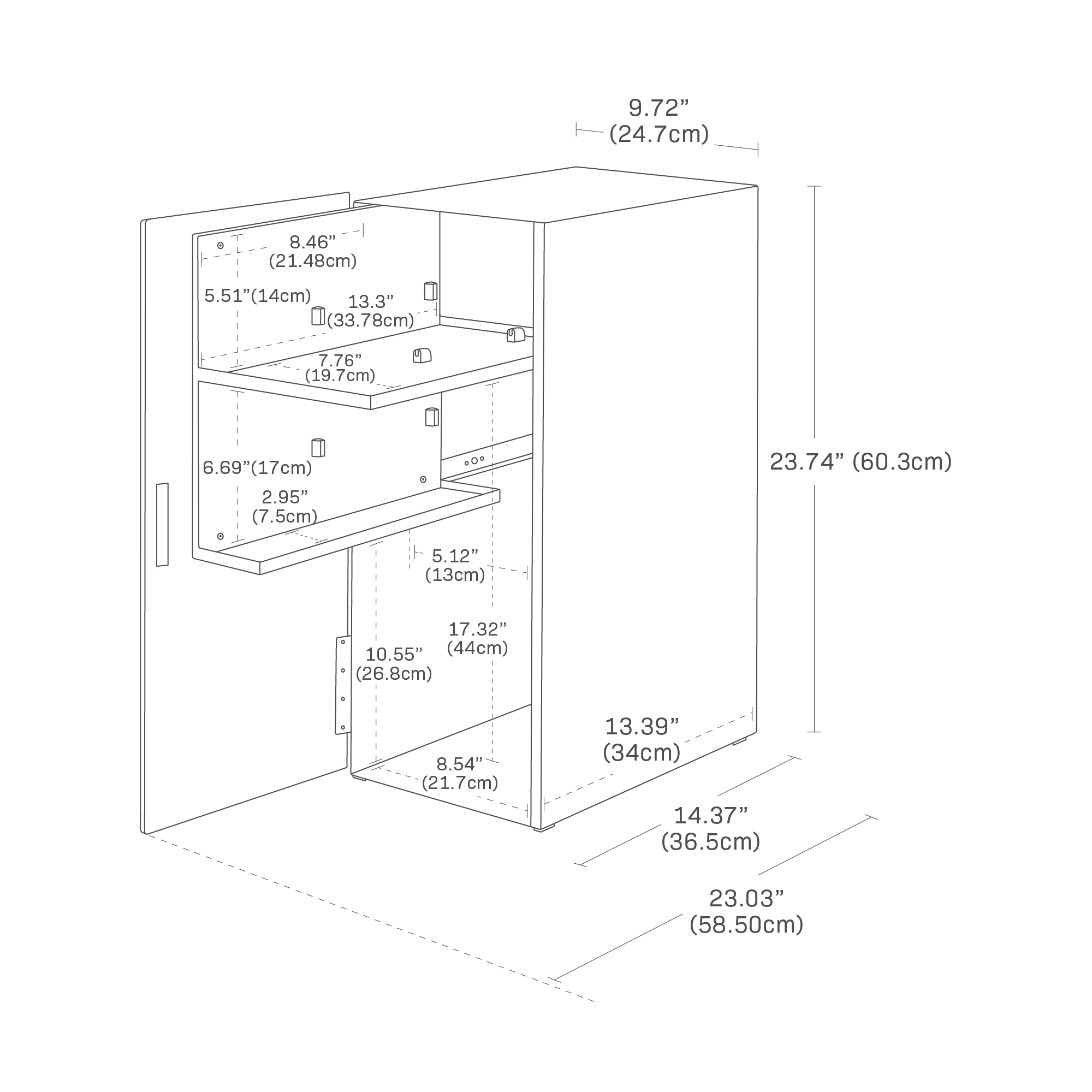 Dimension image for Video Game Storage Cabinet showing dimensions: height 23.74", width 9.72", depth 23.03", upper shelf height 5.51", middle shelf depth 13.39", bottom shelf depth 17.32", drawer width 8.54", drawer interior width 8.46", drawer interior depth 13.3", and small drawer height 10.55