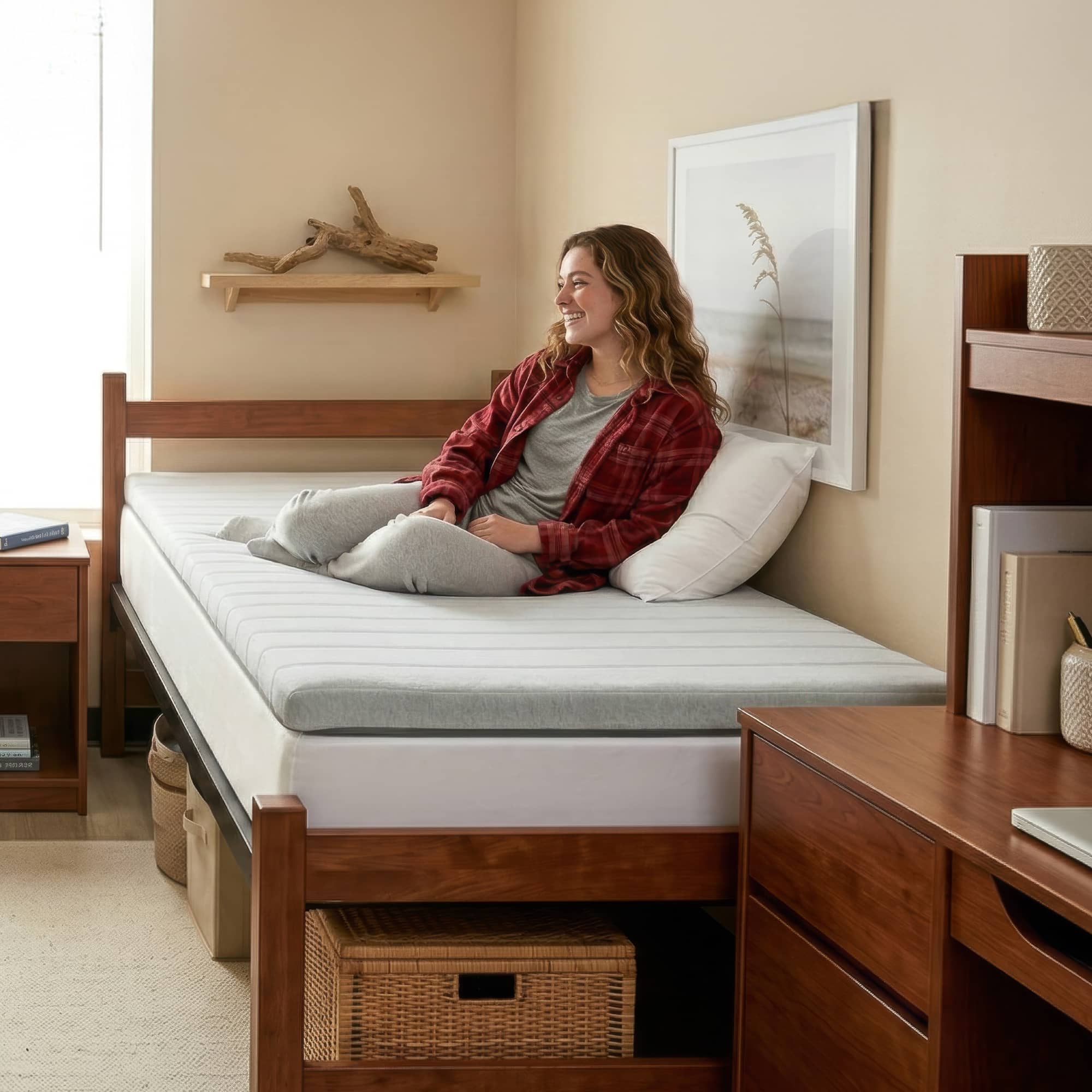 Orders placed by 2pm ships same day. A thick gray mattress topper sitting on top of a bed.